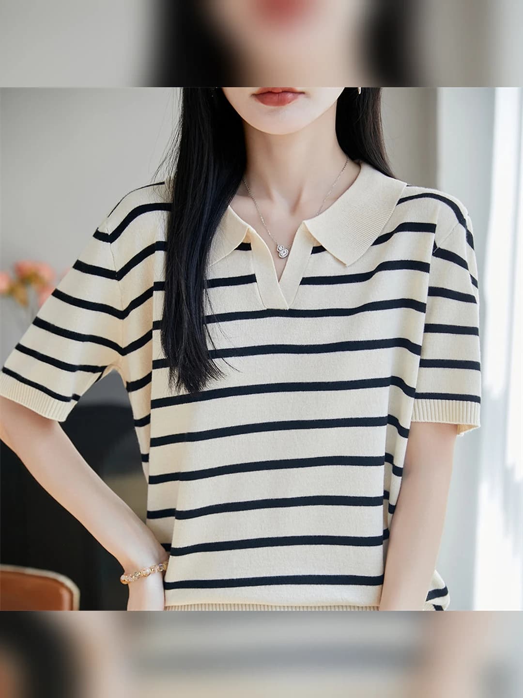 Women's 2026 French retro striped short-sleeve knitted polo top, loose fit, lapel collar, slimming