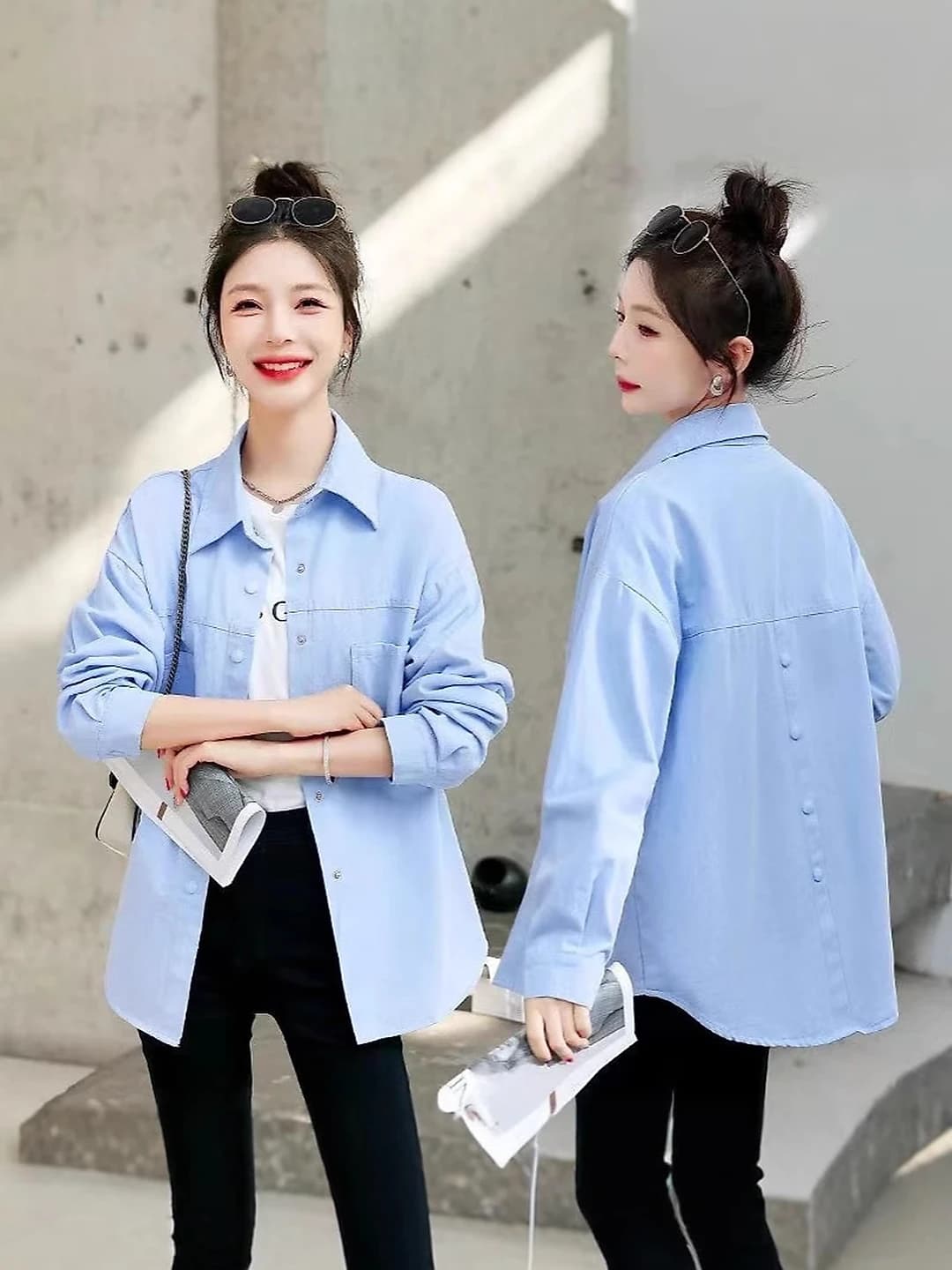 Ayollar uchun bahor-kuzgi koreys uslubidagi kundalik bo'sh (oversize) katta o'lchamli ko'ylak-shirt, uzun yengli, POLO yoqali, 95% paxta