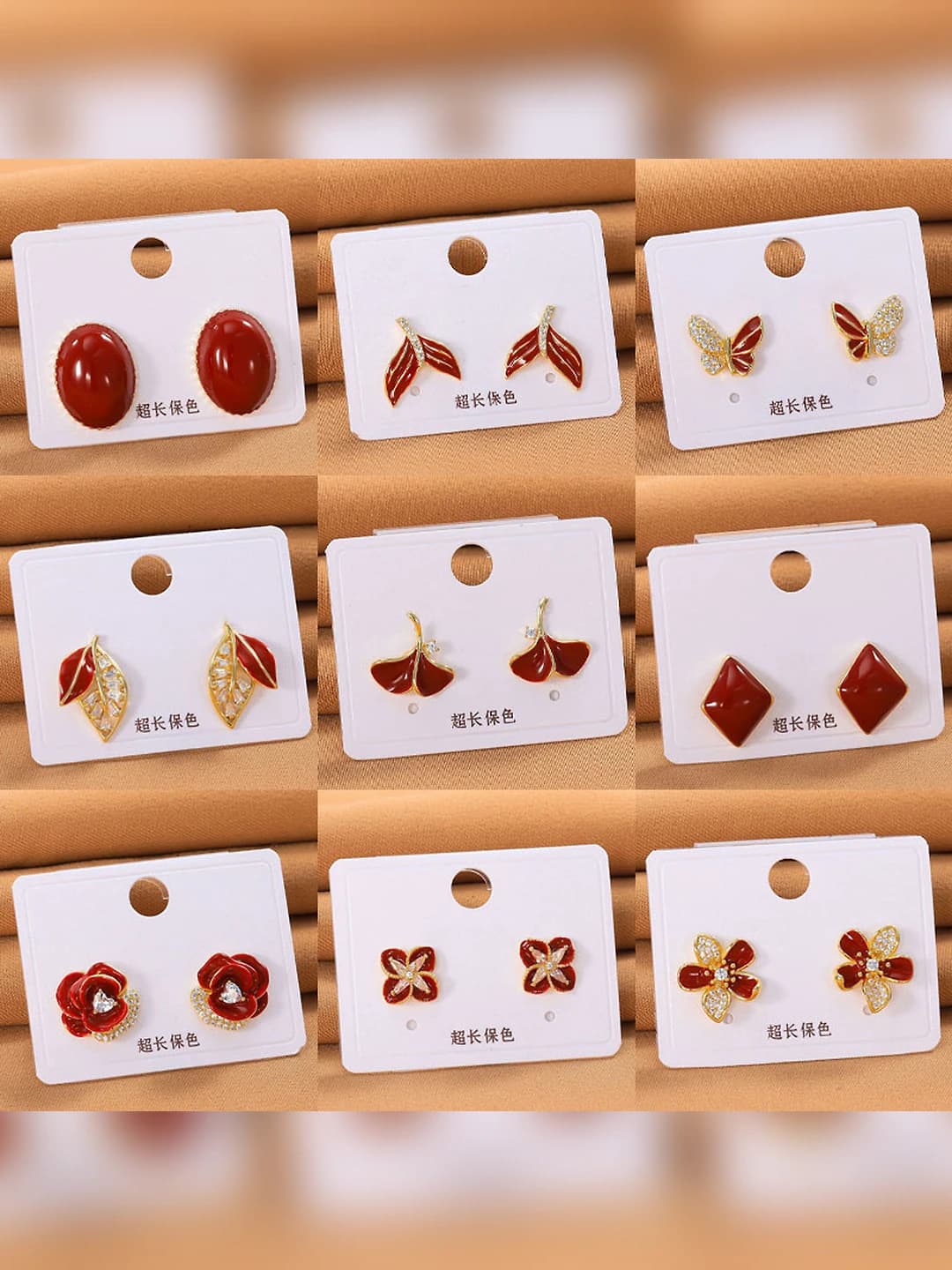 Women's autumn-winter retro style angora red copper gold-plated stud earrings