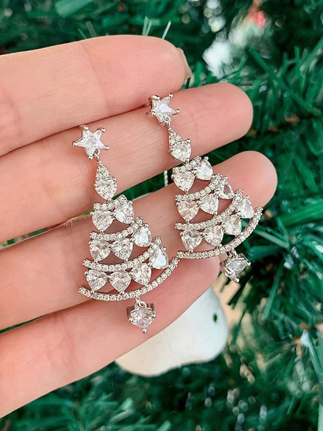 Full zircon Christmas tree earrings