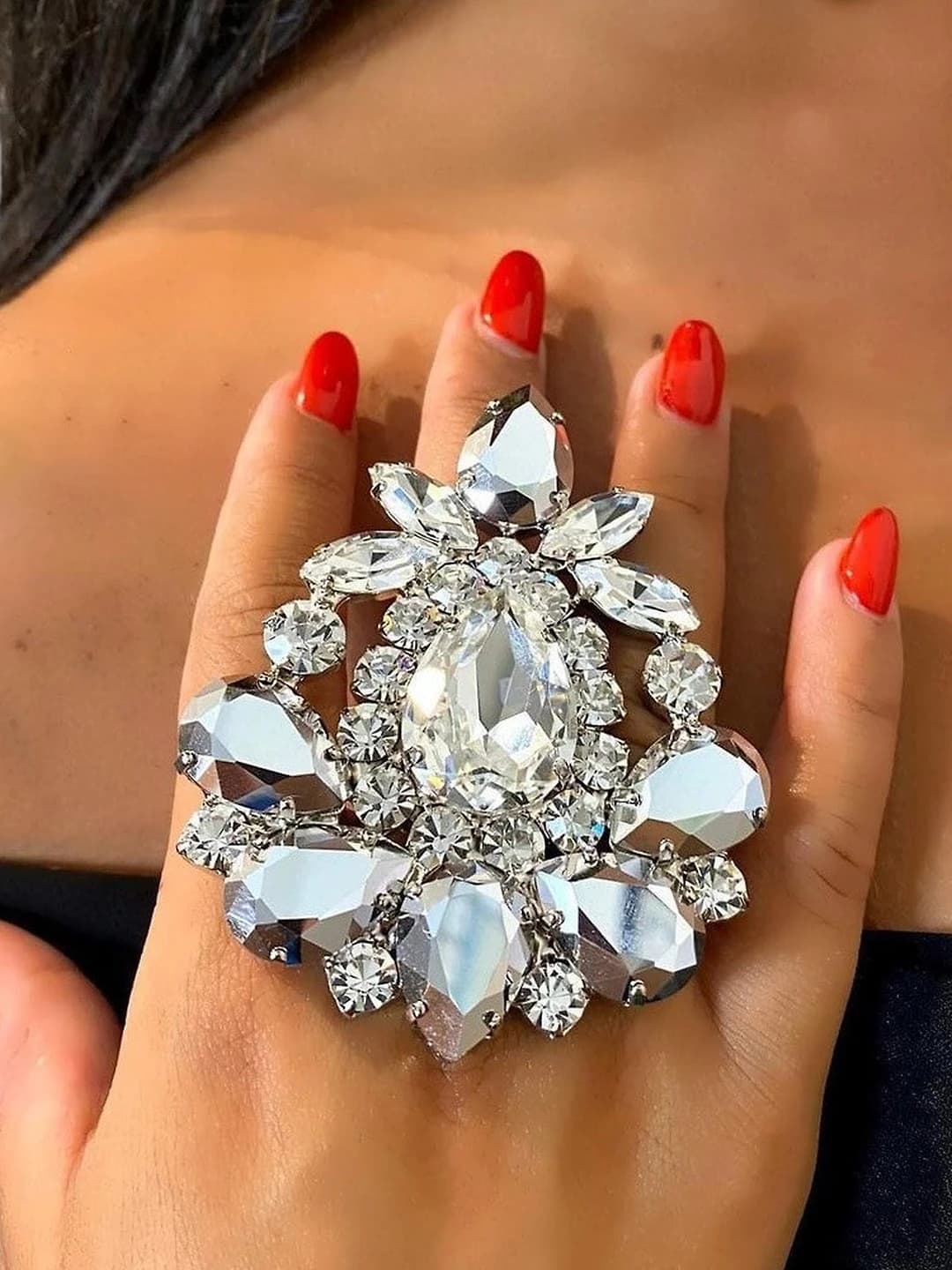 Women's adjustable geometric rhinestone ring in ins style