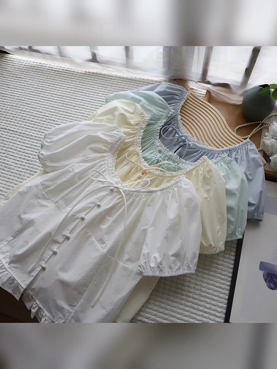 Women's short-sleeve lace puff-sleeve blouse in Korean style for summer 2026
