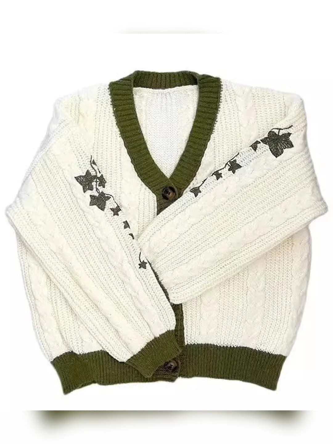 Women's casual loose fit wool knit cardigan, long sleeve, V-neck, embroidered, retro style