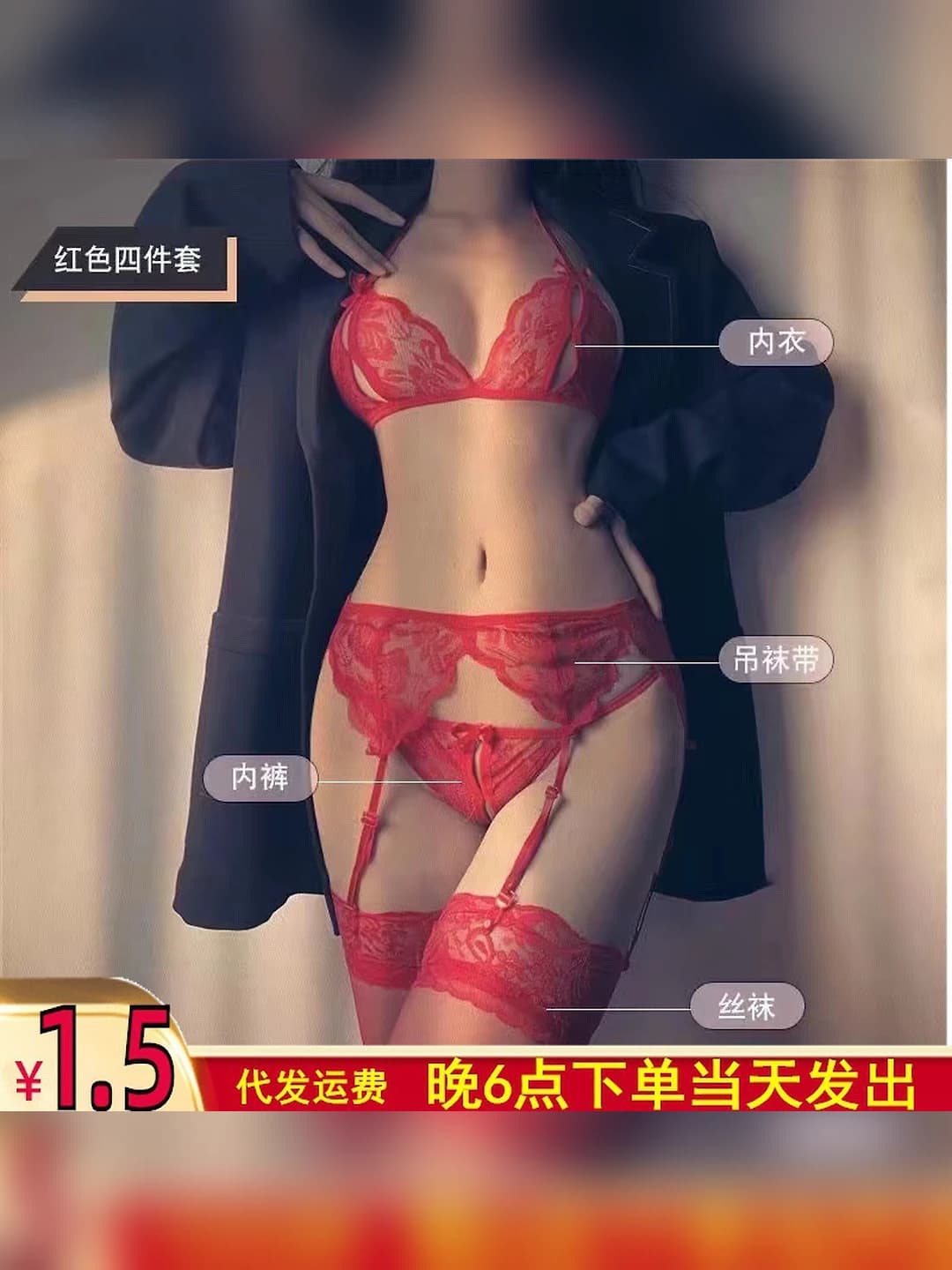Women's lingerie set: lace, bra, garter, briefs and stockings