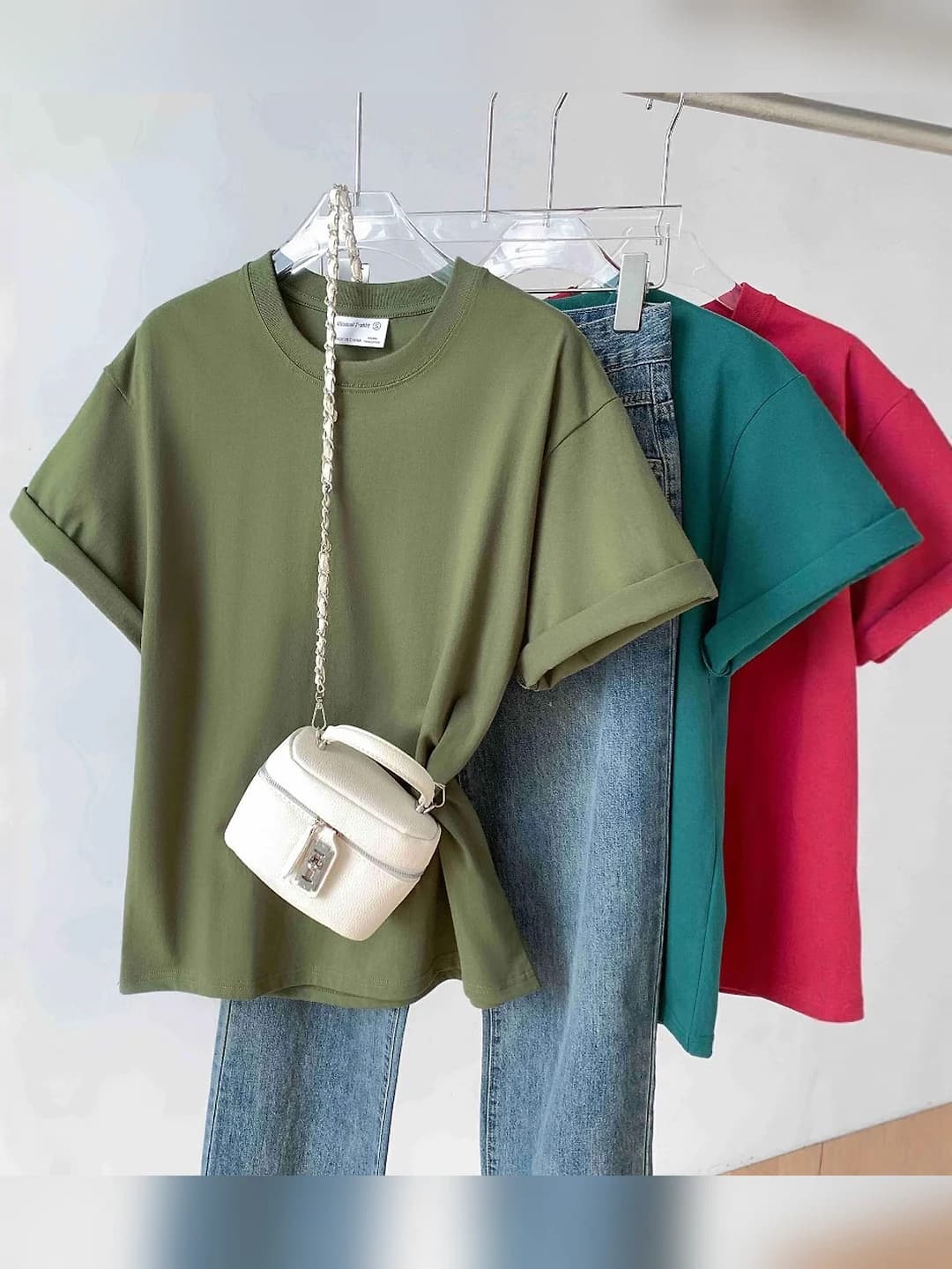 Women's pure cotton short sleeve t-shirt, crew neck, solid colour, loose fit, casual style
