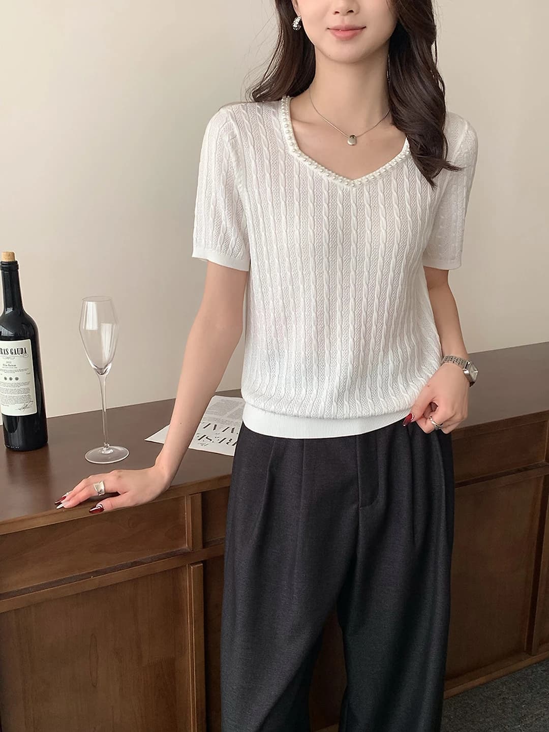 Women's 2026 summer knitted short-sleeve top with cable knit, pearl decoration, wool, loose fit