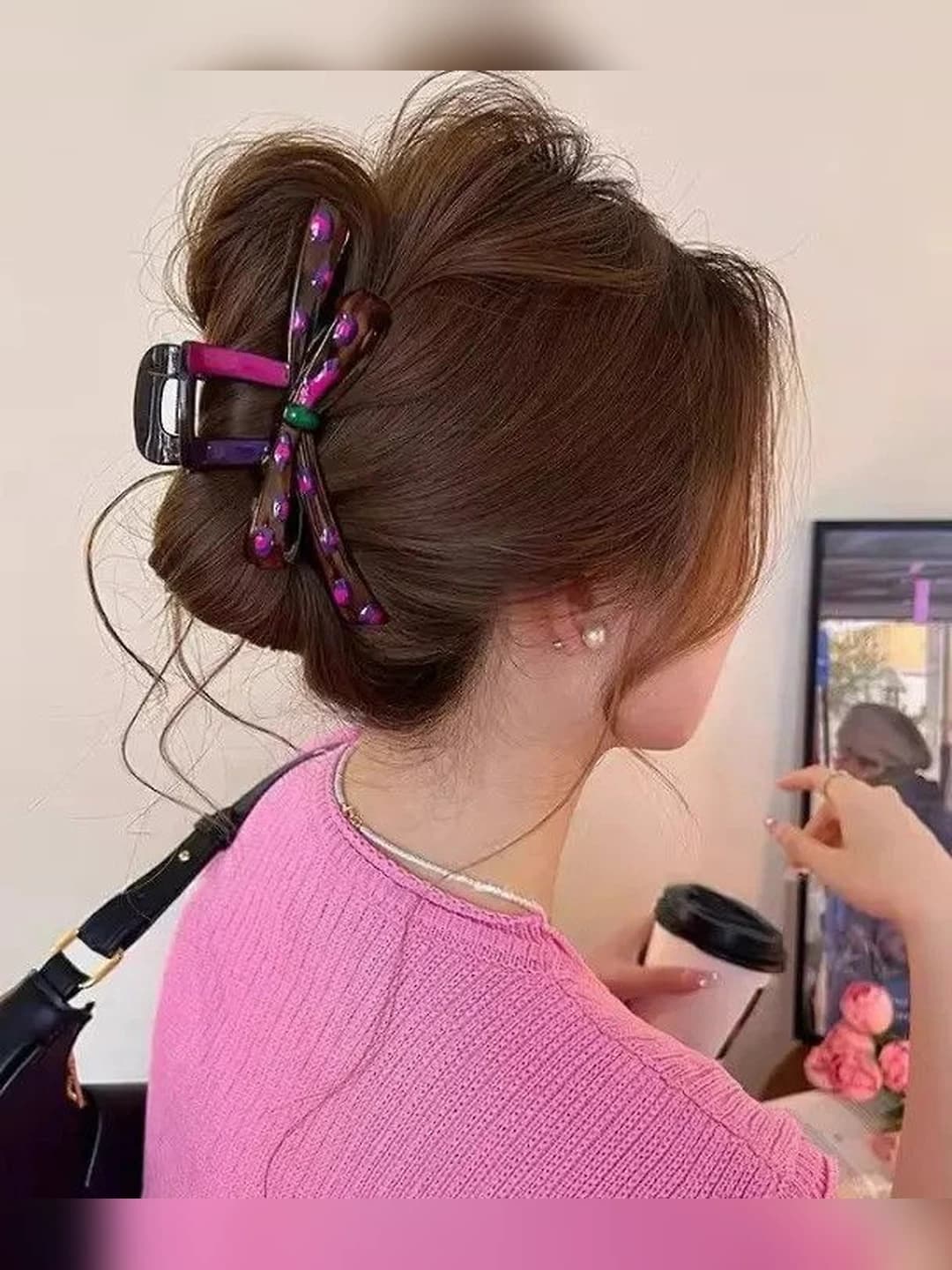 1# Pink-purple polka dot bow-12cm