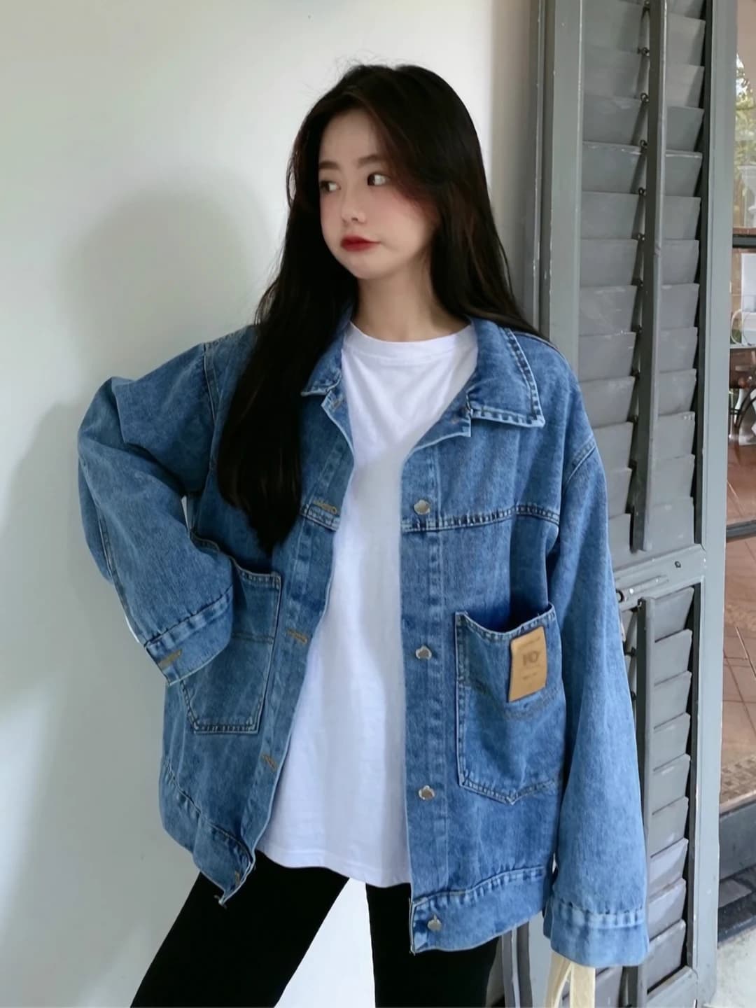 Women's spring-autumn mid-length denim jacket, solid colour, loose fit, long sleeve, lapel collar, Korean style