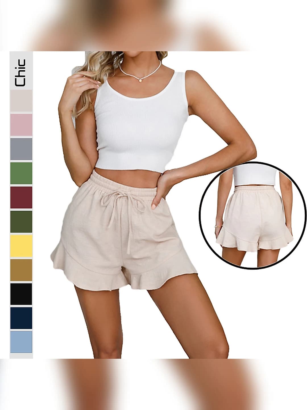 Women's cotton shorts, elastic waist, ruffled, casual