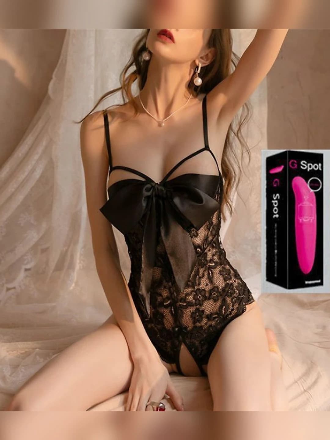 Black bow + open bodysuit + vibrating wand
