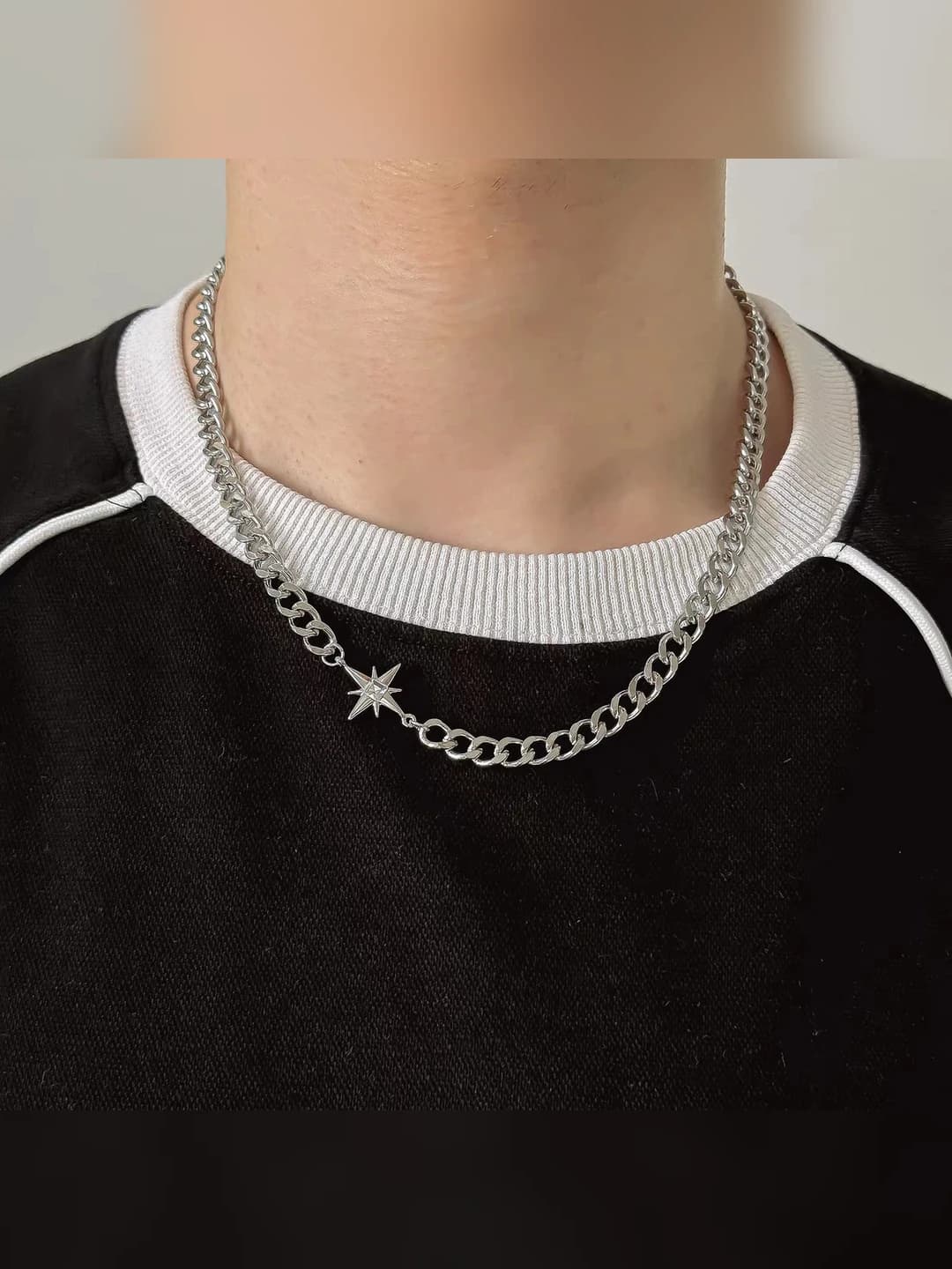 Minimalist 8-point star necklace for men and women, rhodium-plated stainless steel, Cuban link, punk accessory
