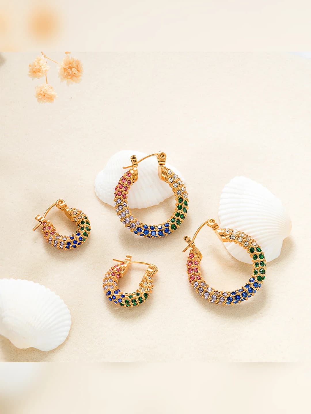 Women's full pavé diamond earrings, 18K gold plated, geometric shape, multicolored