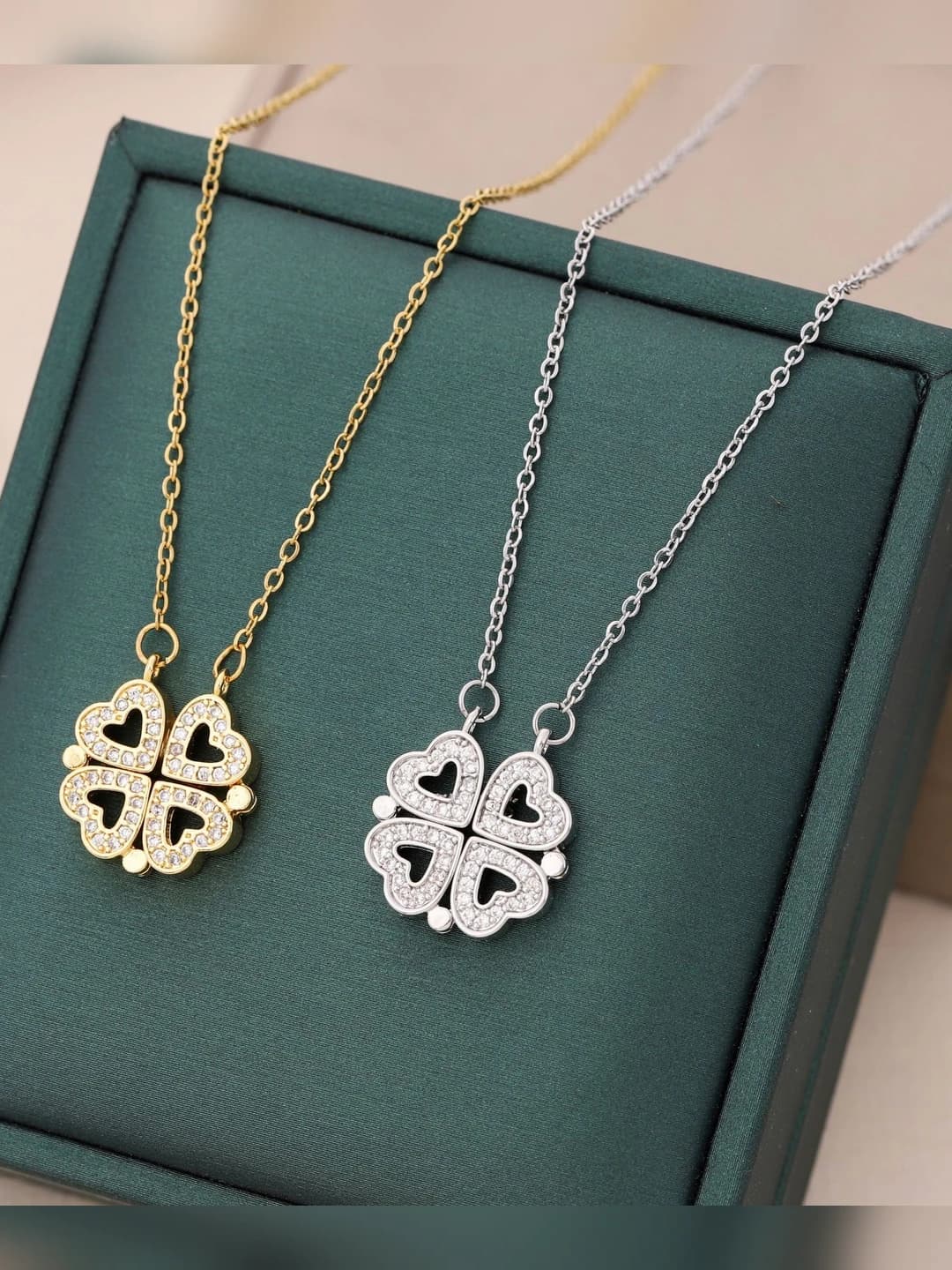 Women's titanium steel necklace with 18K gold plated heart pendant and clover design