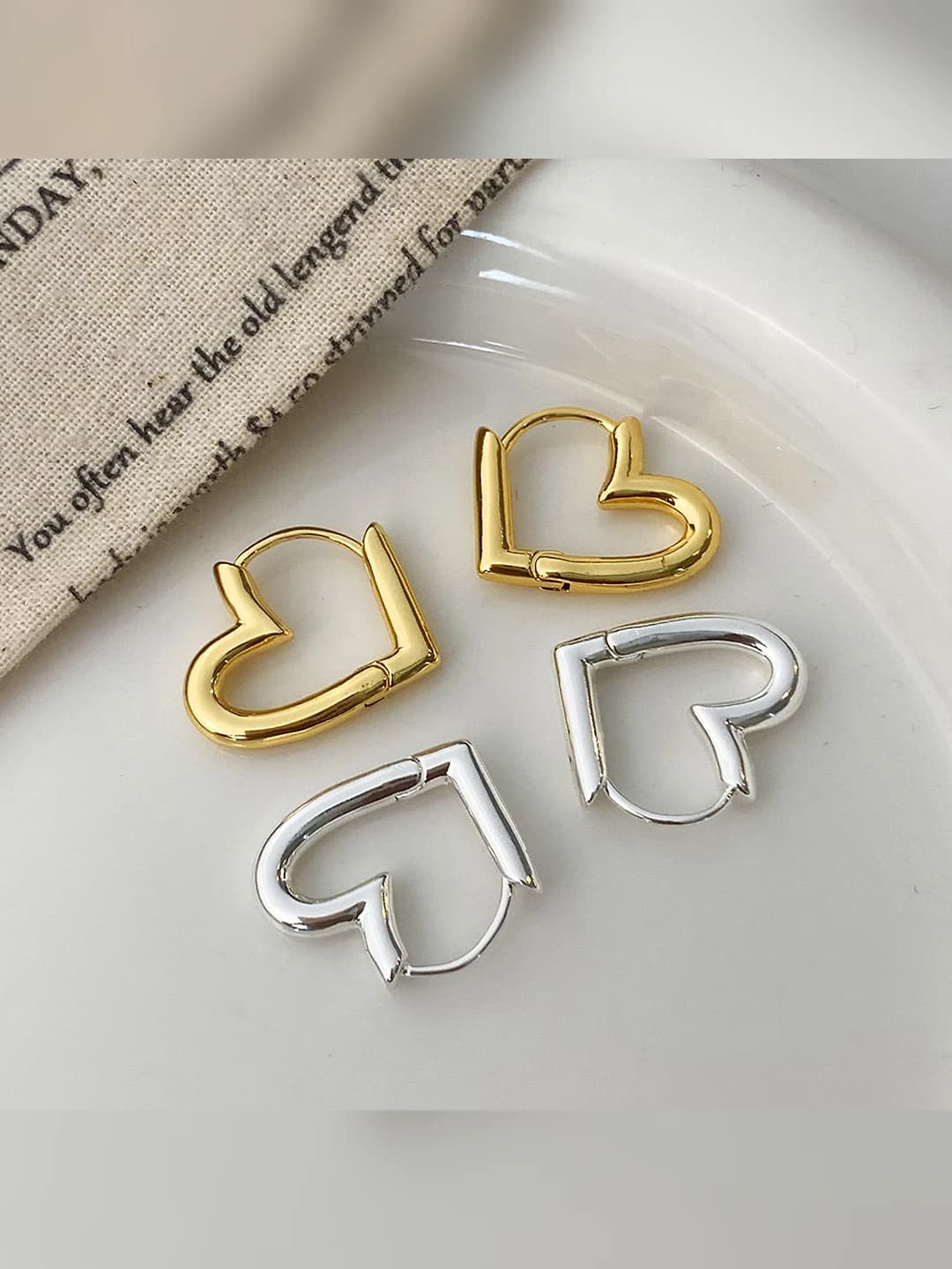 Women's heart-shaped copper stud earrings with 18K thick silver plating