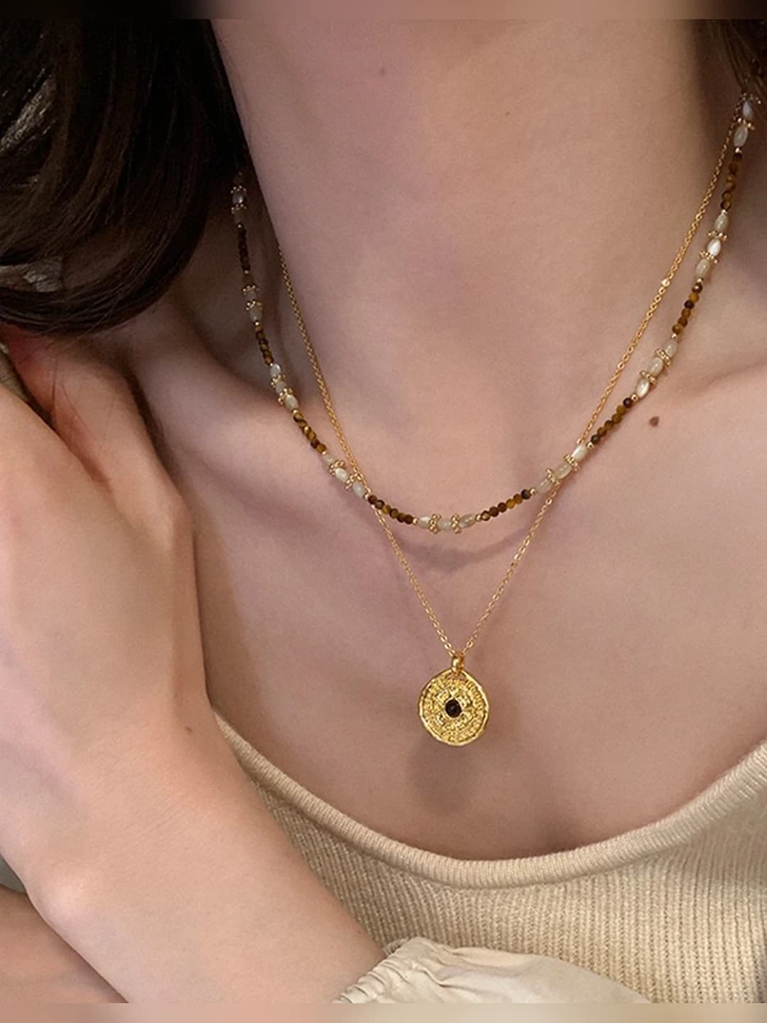 Женская ретро-цепочка с подвеской из тигрового глаза и ракушки, покрытие 14k, 41-50 см