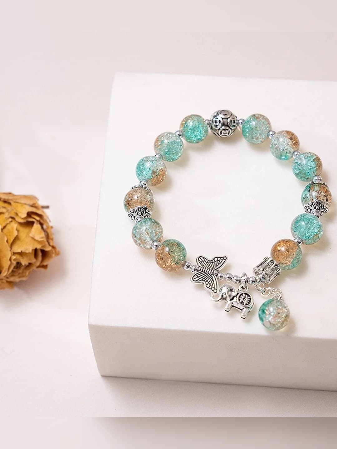 Light blue+coffee butterfly elephant bead bracelet
