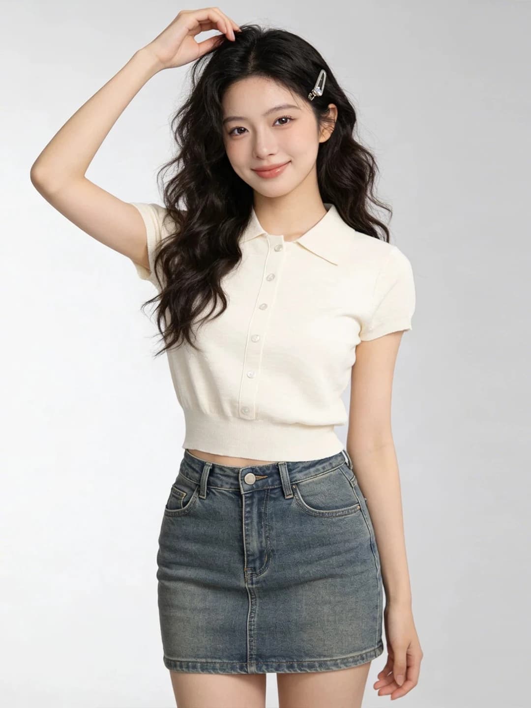 Women's preppy style polo neck cropped knit top with button design, short sleeve, summer 2026