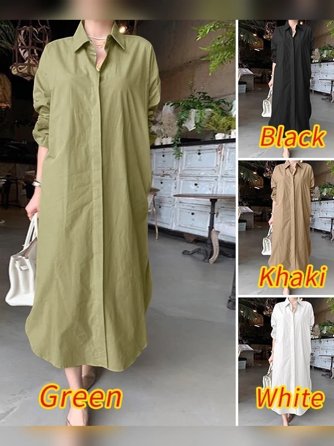 Ayollar uchun bir rangli, uzun yengli, bo'sh (oversize) kesimli, qaytarma yoqali, kashtali, kundalik uslubdagi uzun ko'ylak libos