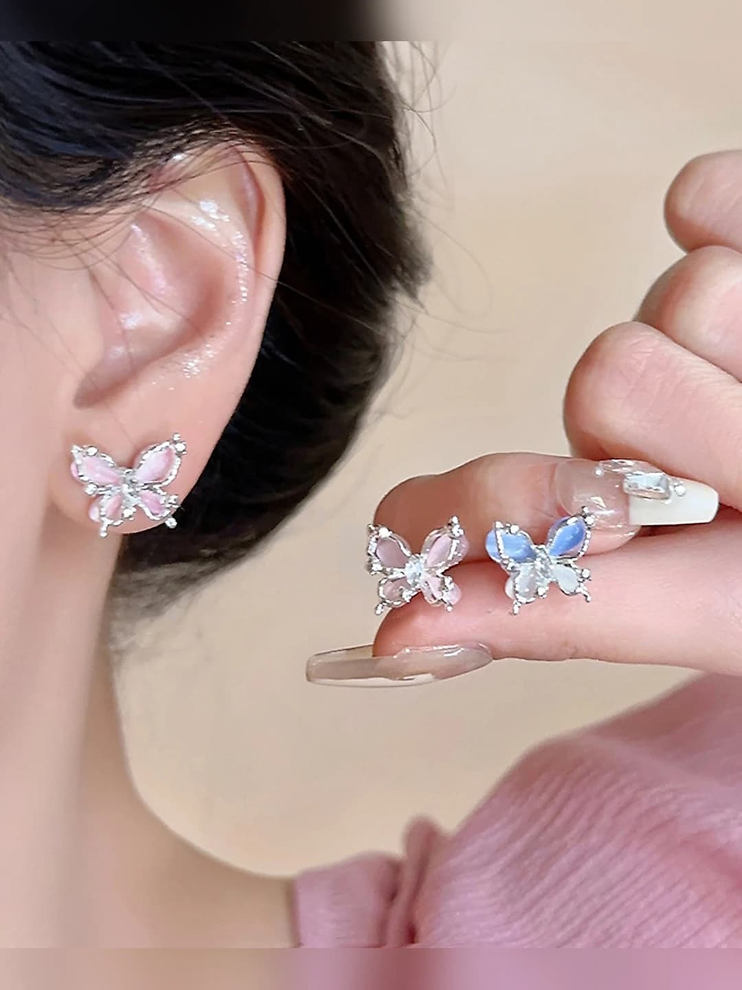 Женские серьги с розовым кошачьим глазом и бабочкой, стиль: сладкий
