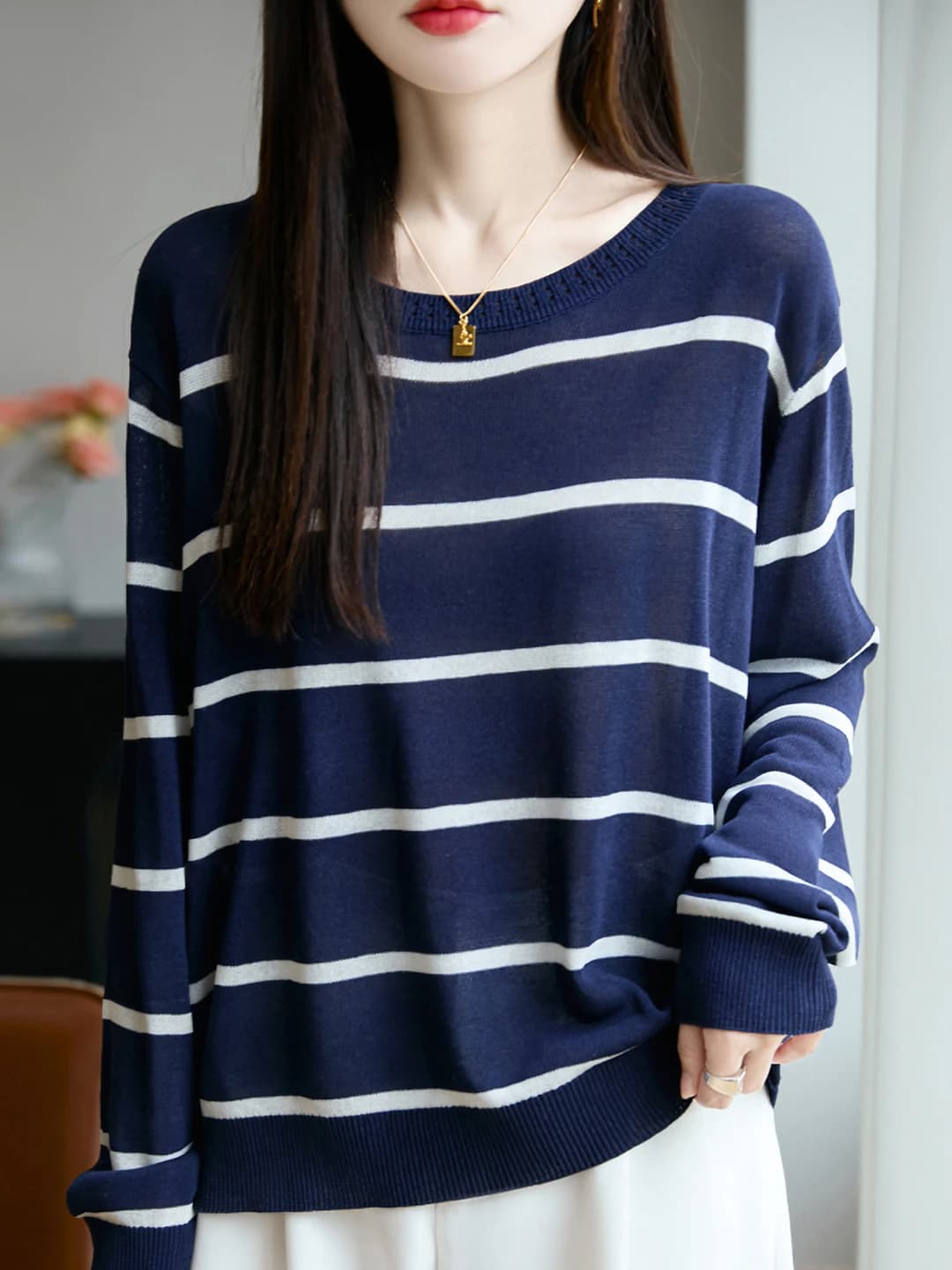 Women's striped loose fit crew neck long sleeve casual sweater, autumn-winter 2026