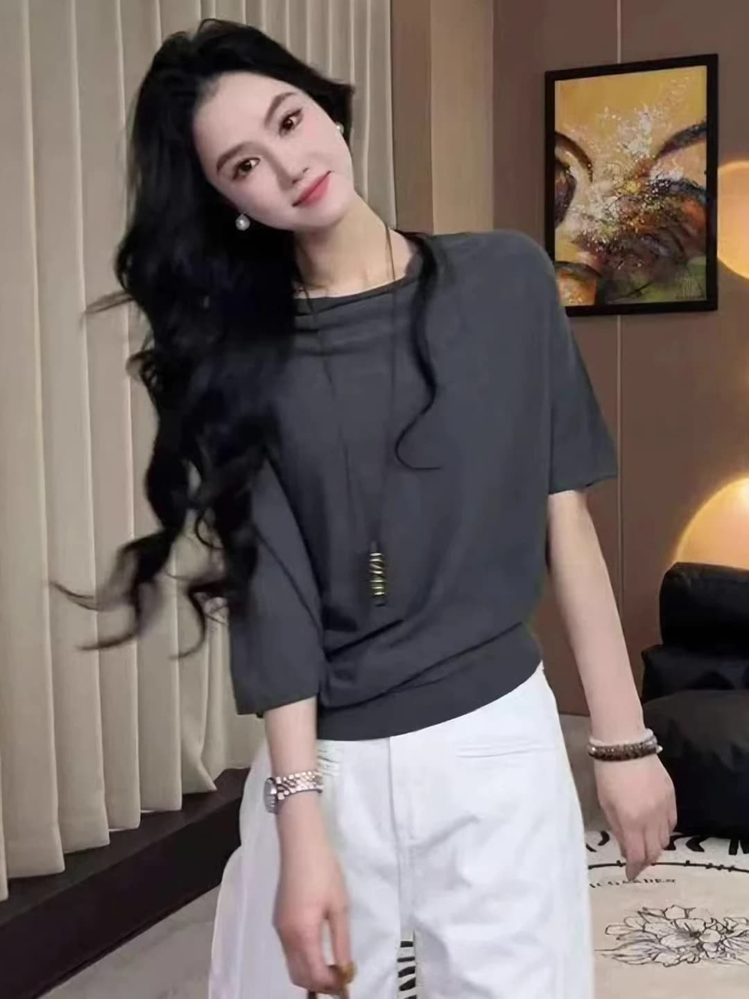 Women's summer loose fit striped top with short sleeve, elbow-length sleeve, crew neck, casual style