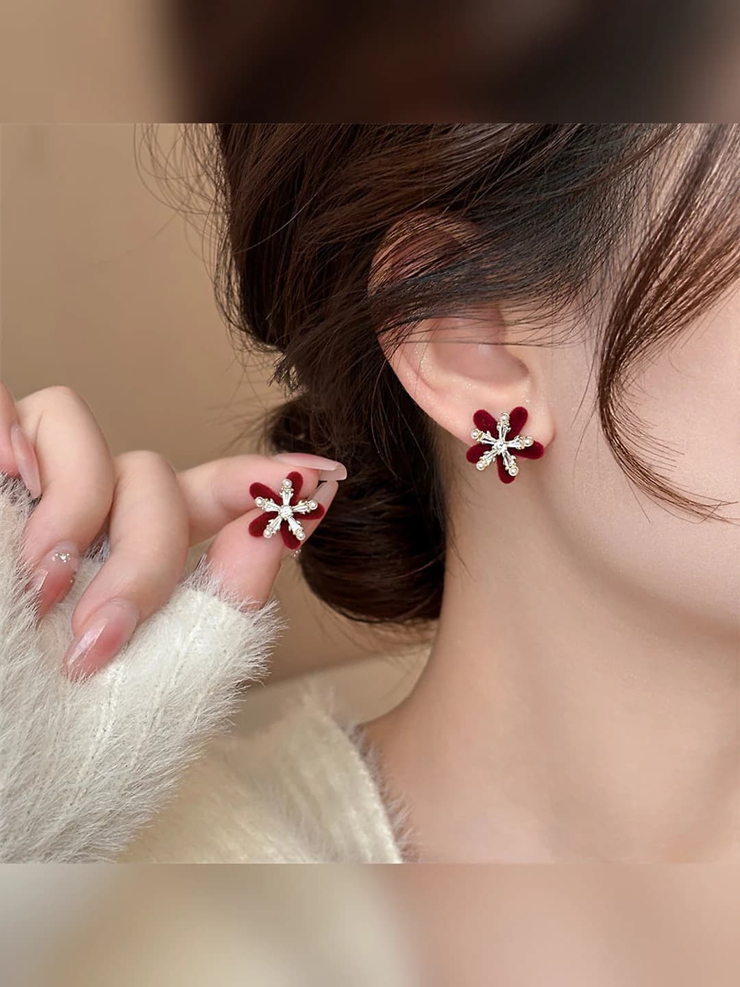 Women's red velvet flower stud earrings with pearl design element, 925 silver, fairy style