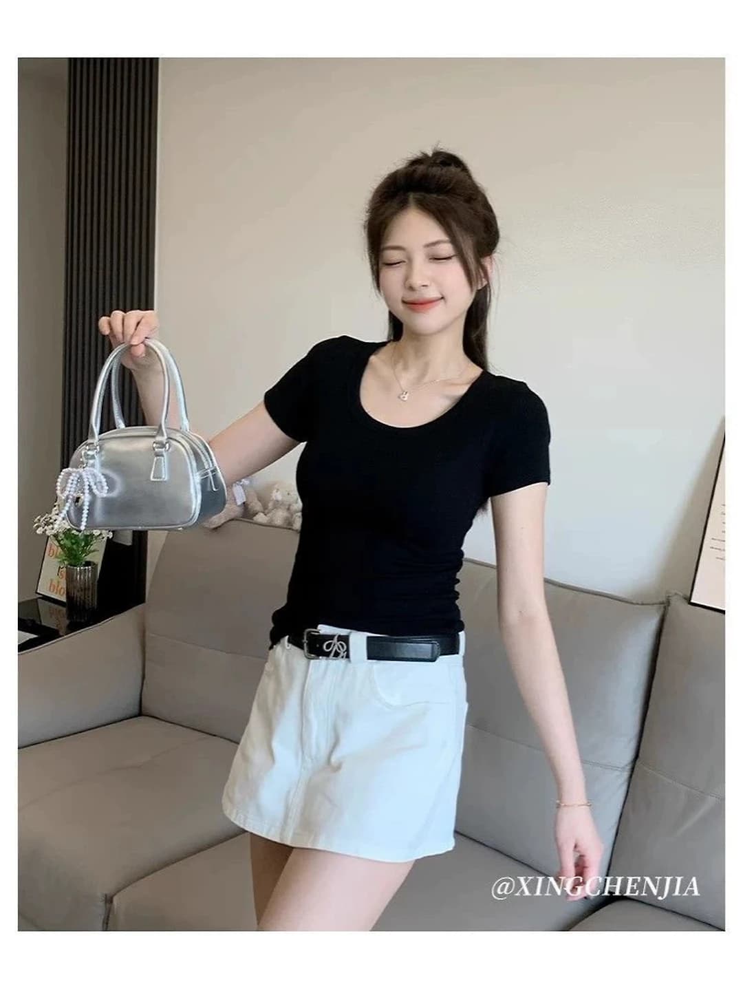 Women's short sleeve crew neck t-shirt, slim fit, slimming, solid colour, grey