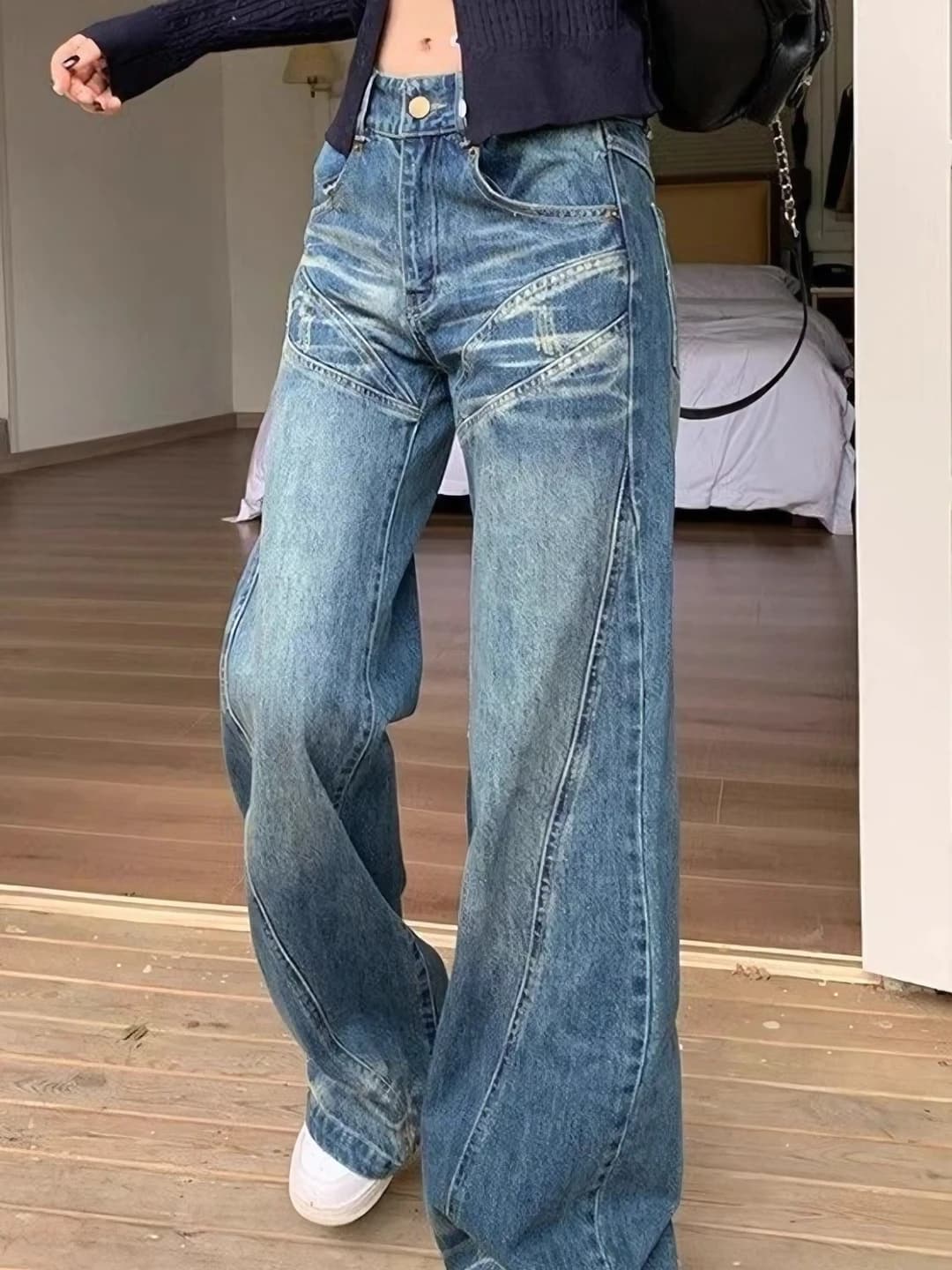 Women's wide and flared jeans 2026 spring-autumn, high waist, trousers, slimming, loose fit, denim