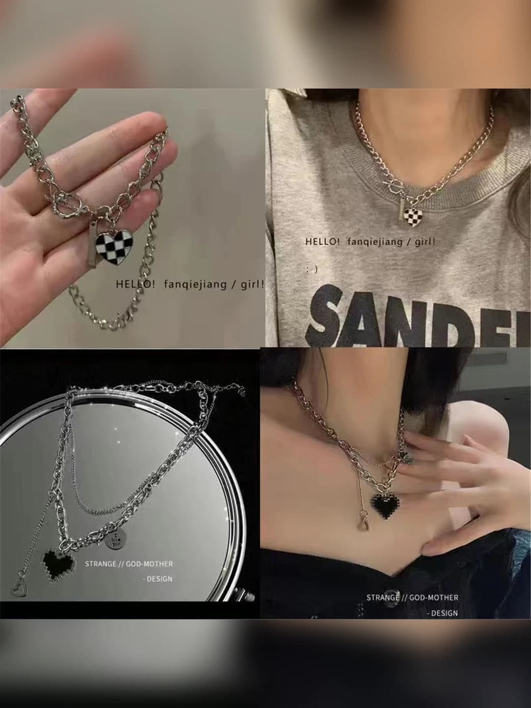 Women's titanium steel non-fading checkerboard heart necklace, ins style design