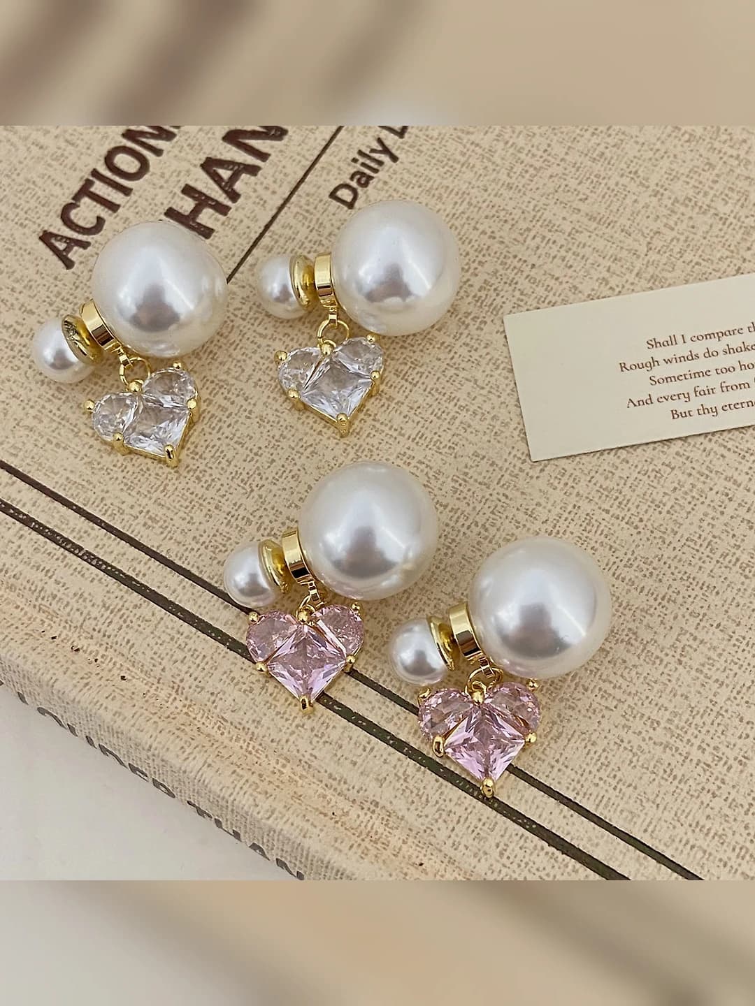 Women's French style pink heart-shaped pearl stud earrings