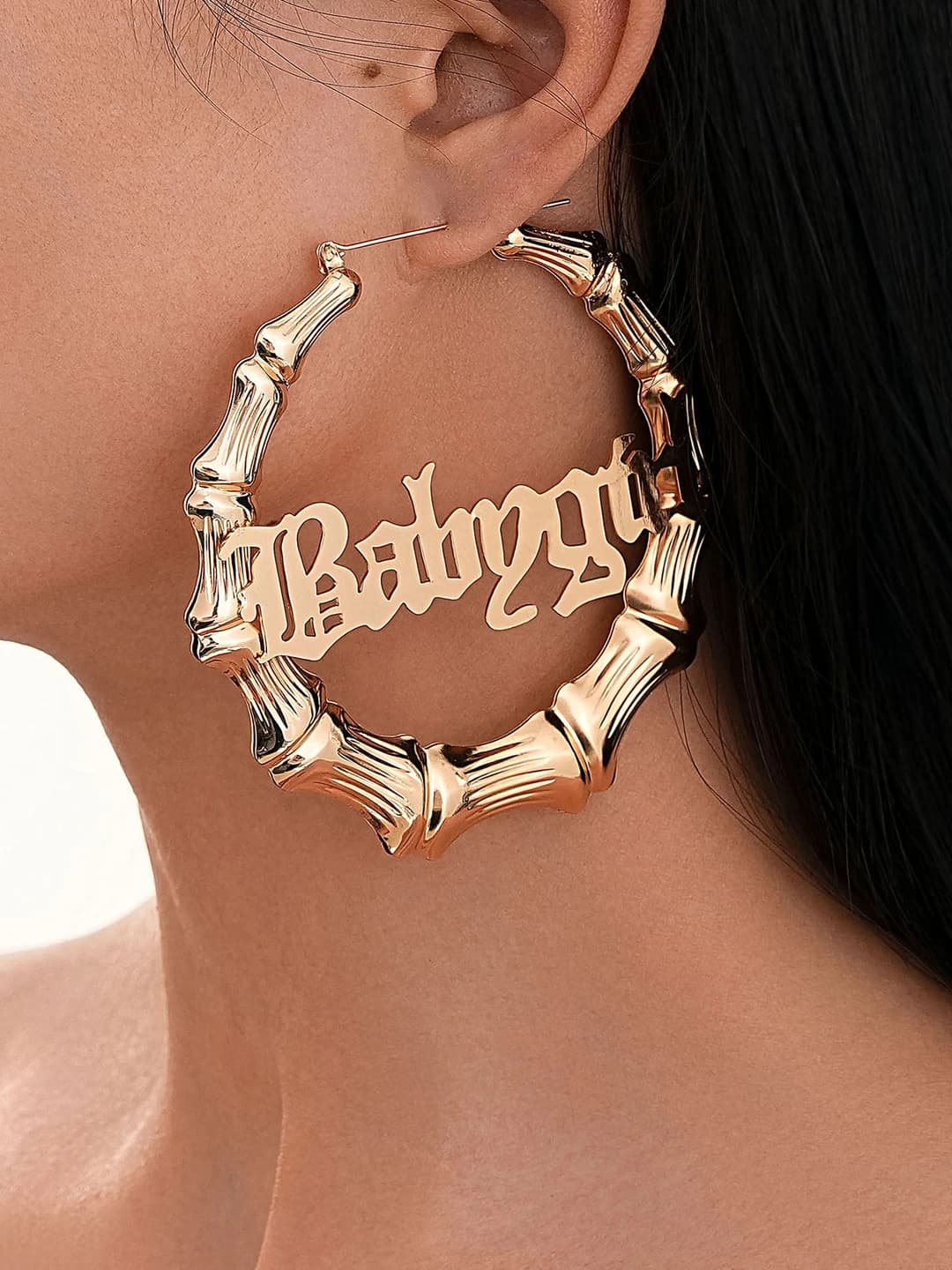 Women's gold large round letter and bamboo node earrings