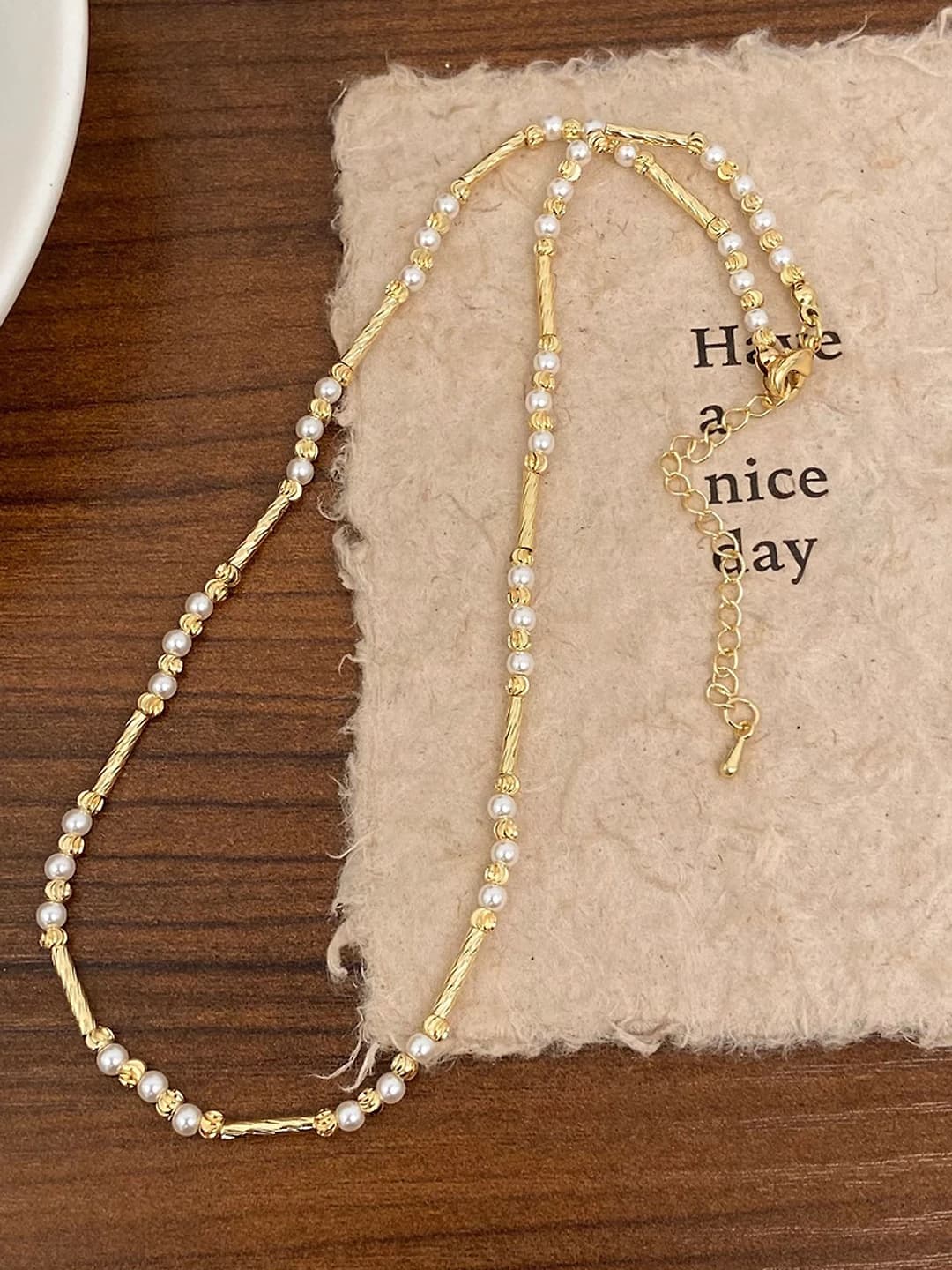 Gold bright pearl bamboo necklace B-355