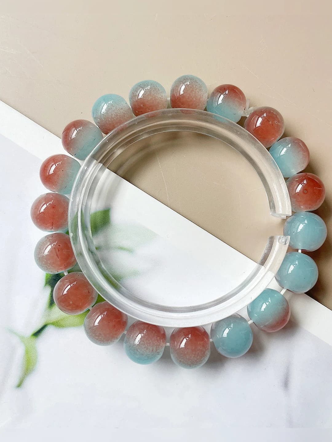 Women's sky blue glass bracelet in Korean style, handmade, with flower design element