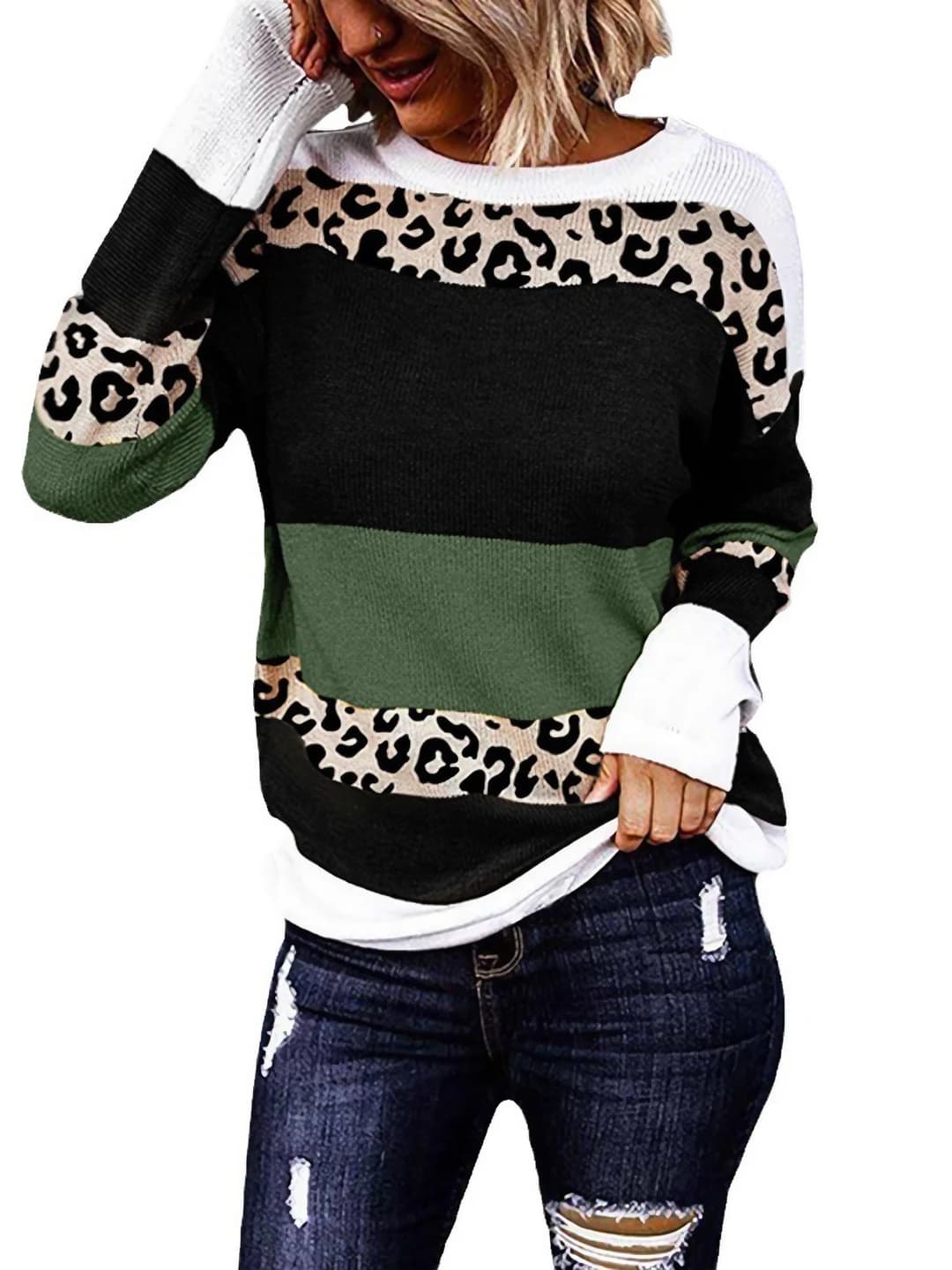 Women's striped crew neck long sleeve knit top, loose fit, casual style, autumn