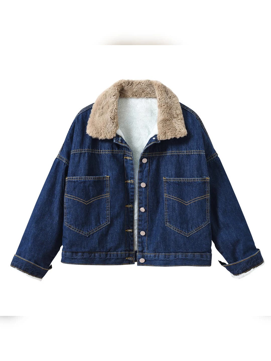 Women's plus size Korean style fleece-lined thickened loose fit denim jacket, lapel collar, long sleeve, casual