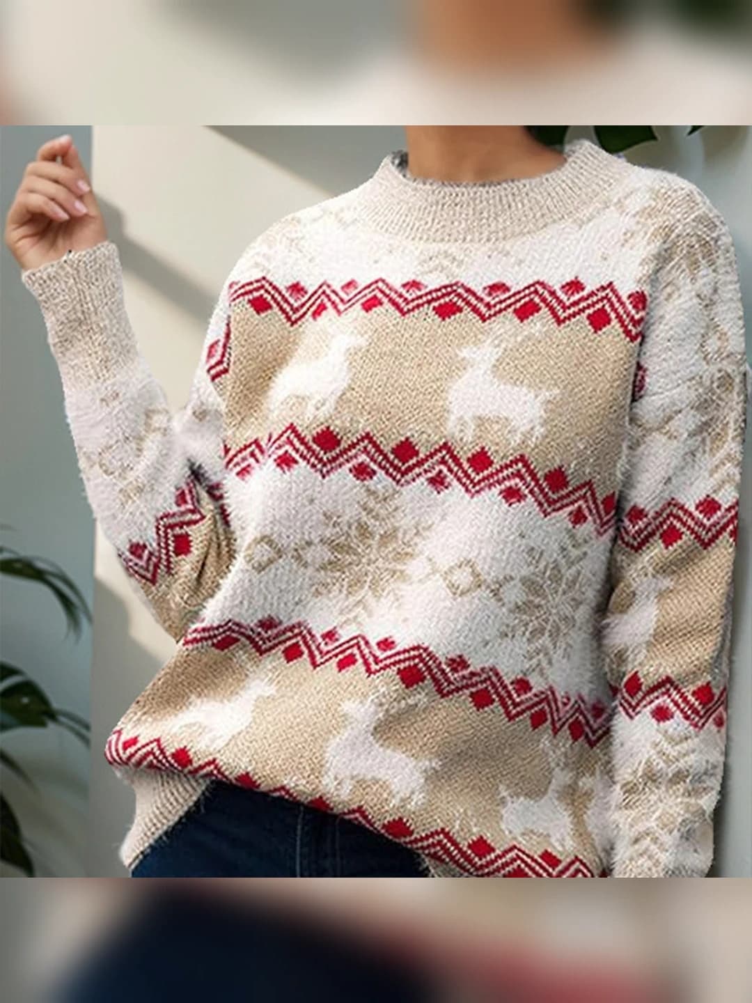 Women's 2026 autumn-winter thick sweater, crew neck, long sleeve, animal print