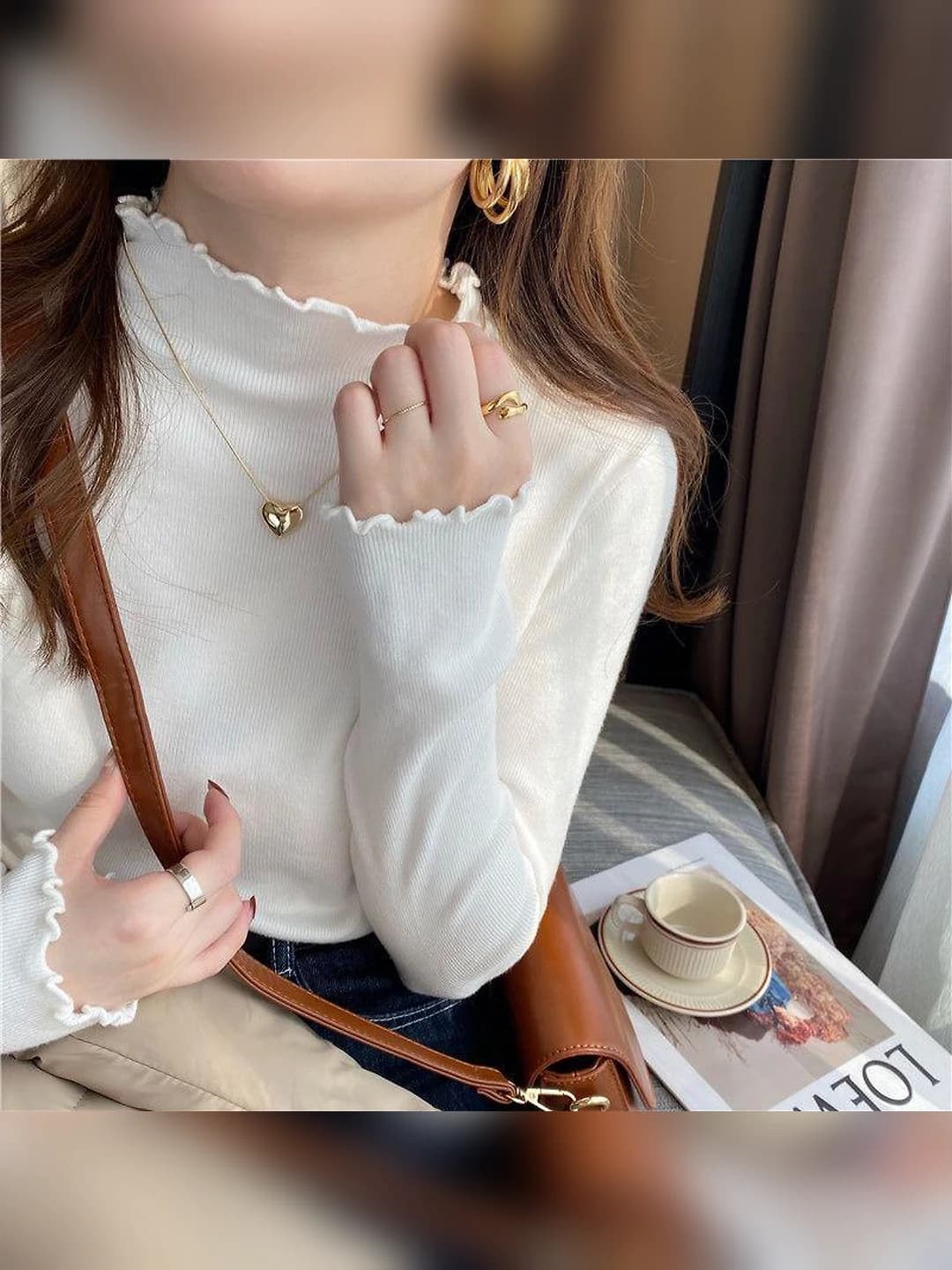 Women's autumn-winter ribbed knit pullover top, mock neck, long sleeve, slim fit, solid colour, medium thickness