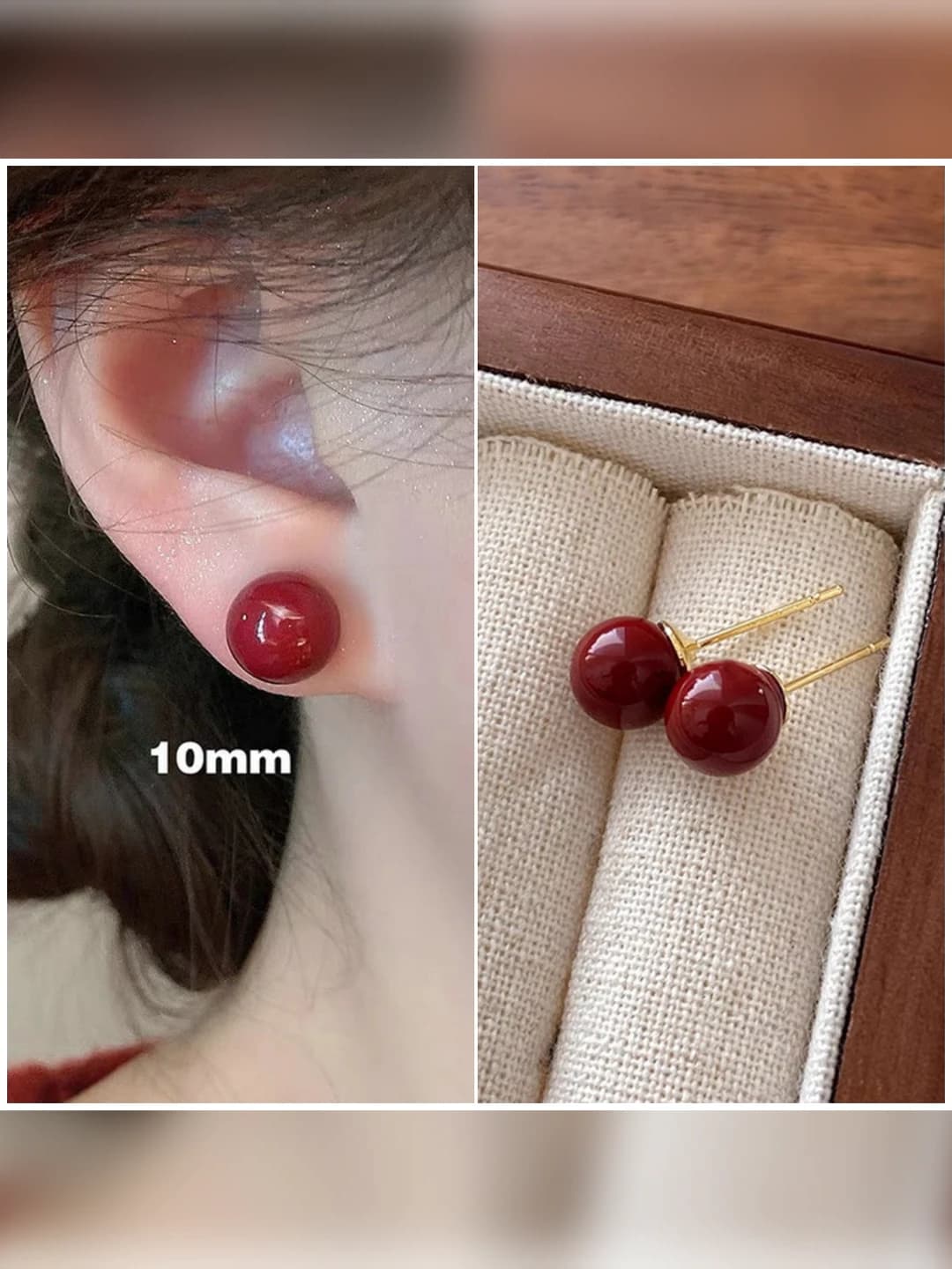 2570 Red bean 10mm stud earrings pair