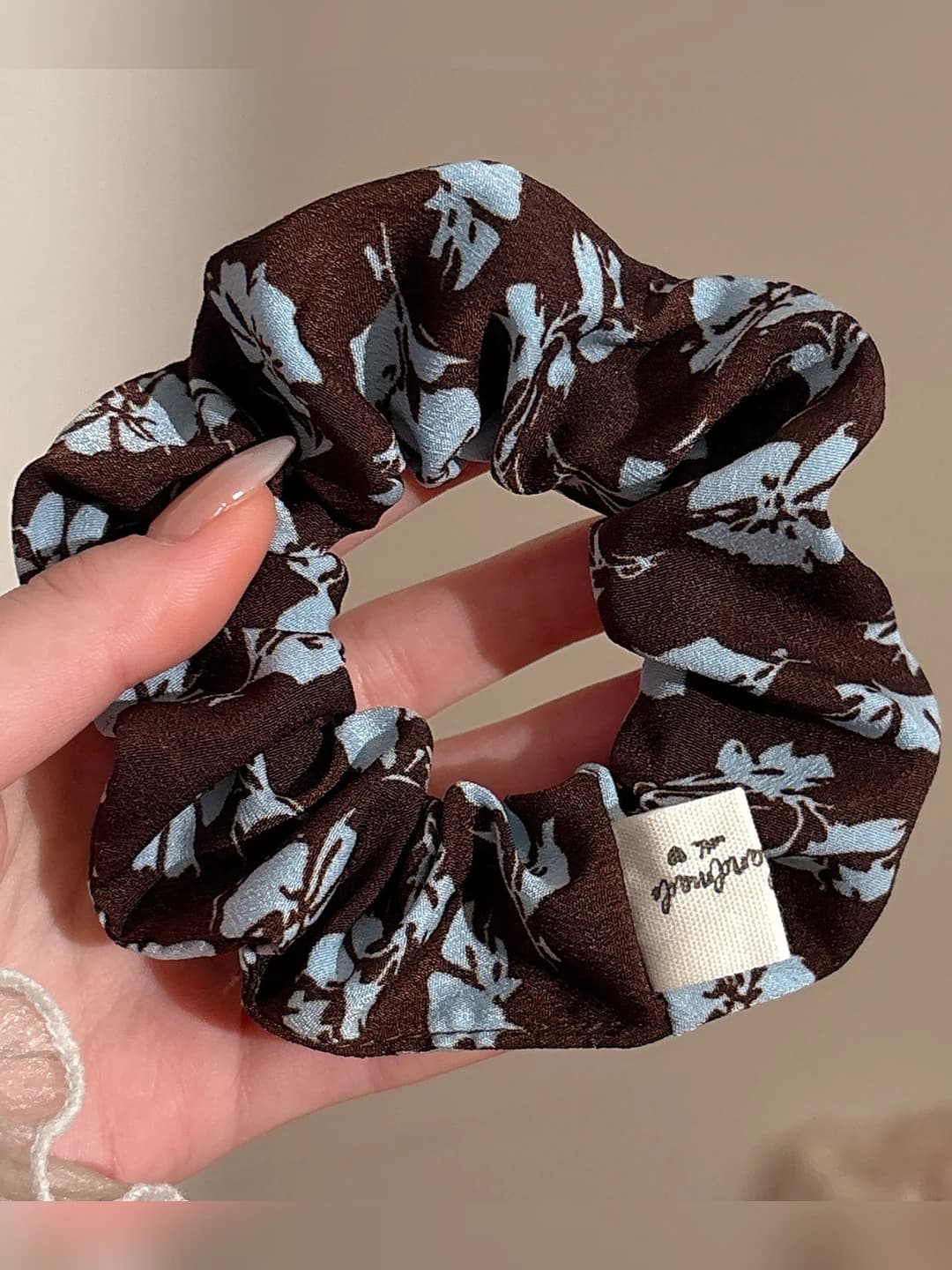 2# Large printed scrunchie: Blue-coffee floral ~10cm