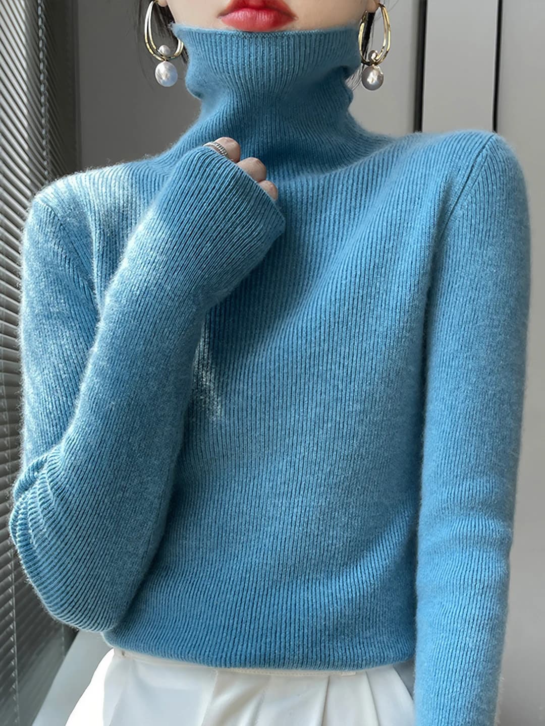 Women's warm, slimming, slim fit, solid colour, long sleeve, high neck knit sweater