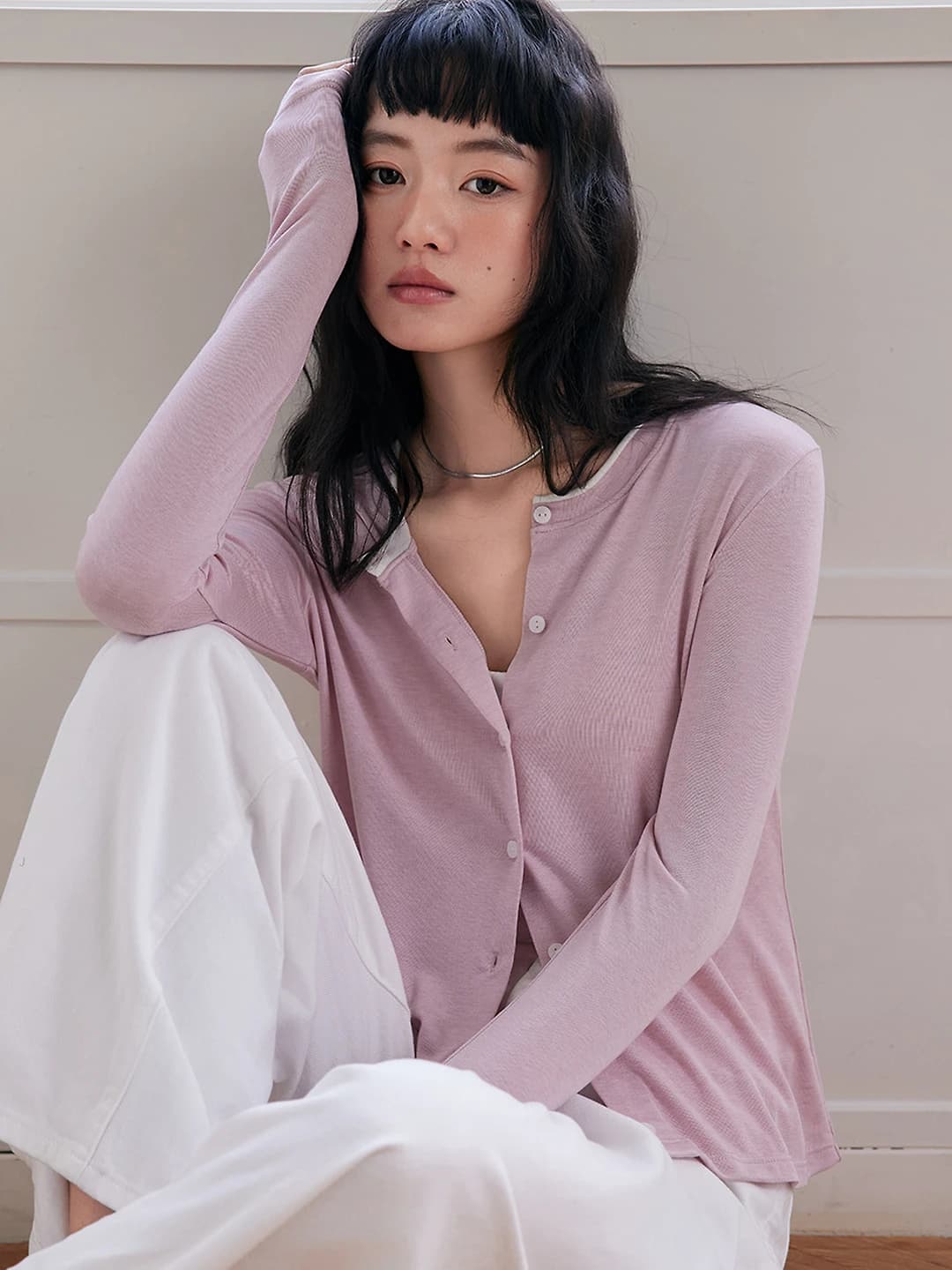 Women's spring-summer wool knit cardigan, slim fit, long sleeve, crew neck, solid colour