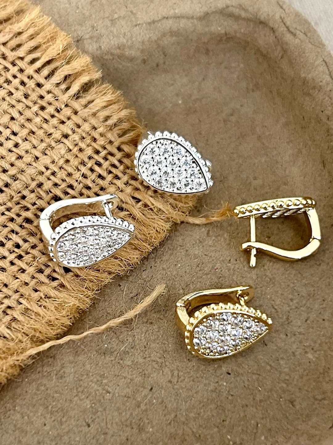 Women's full diamond teardrop stud earrings with 14k gold plating