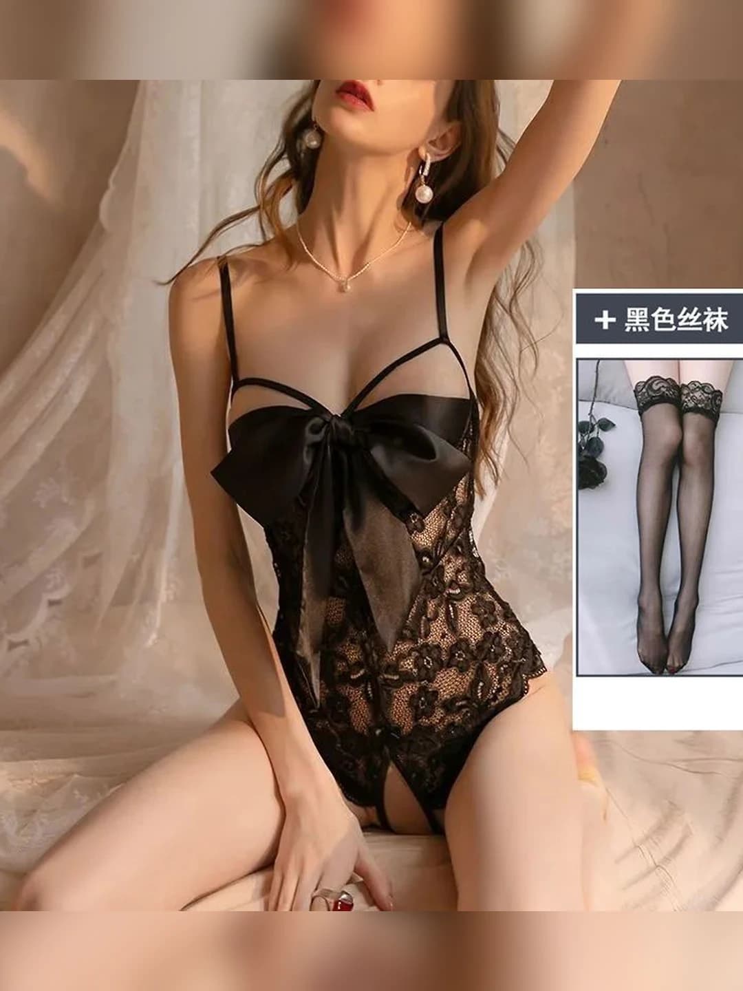 Black bow + open bodysuit + black stockings