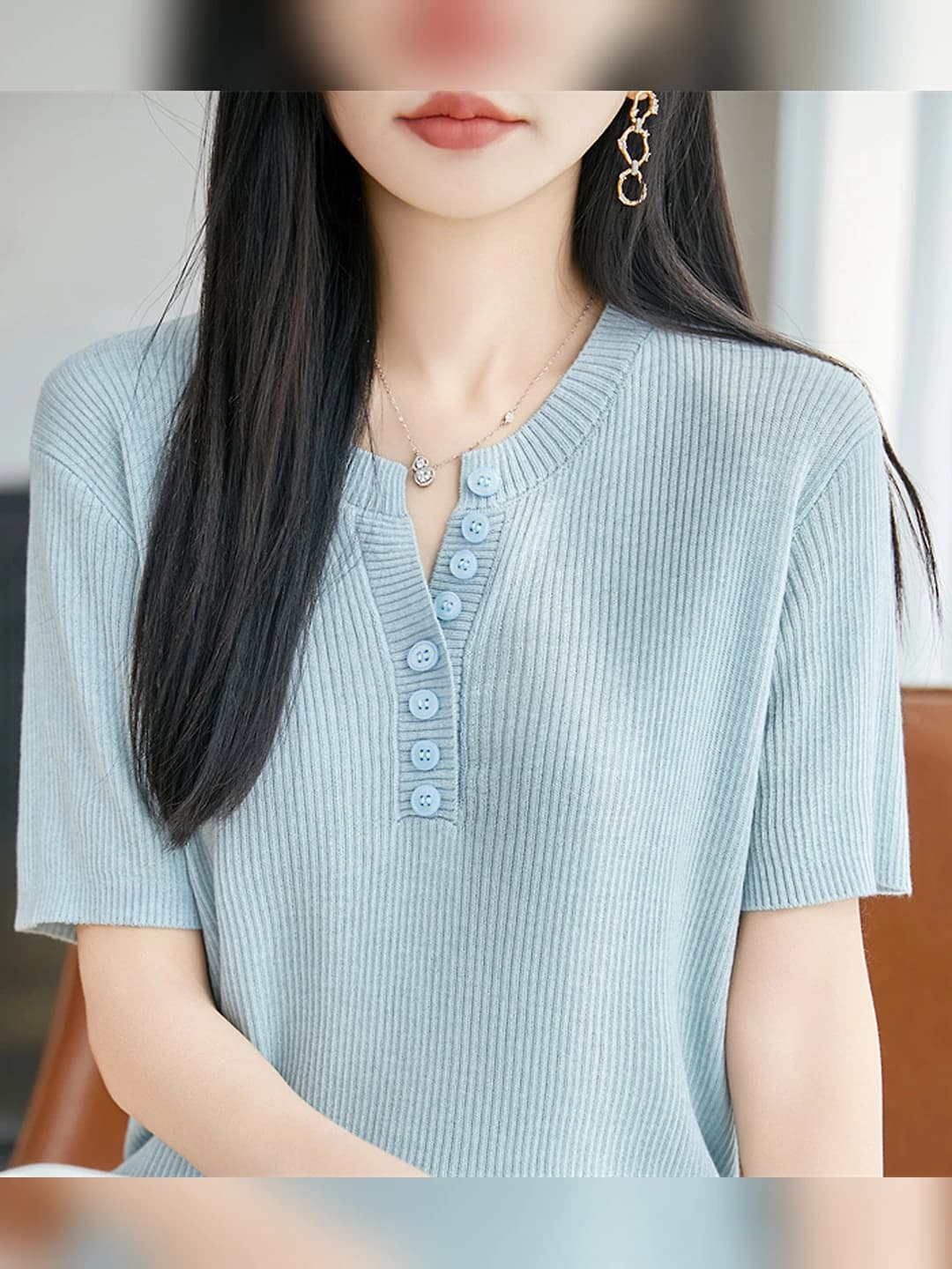 Women's 2026 spring-summer knit top, solid colour, crew neck, short sleeve, regular fit