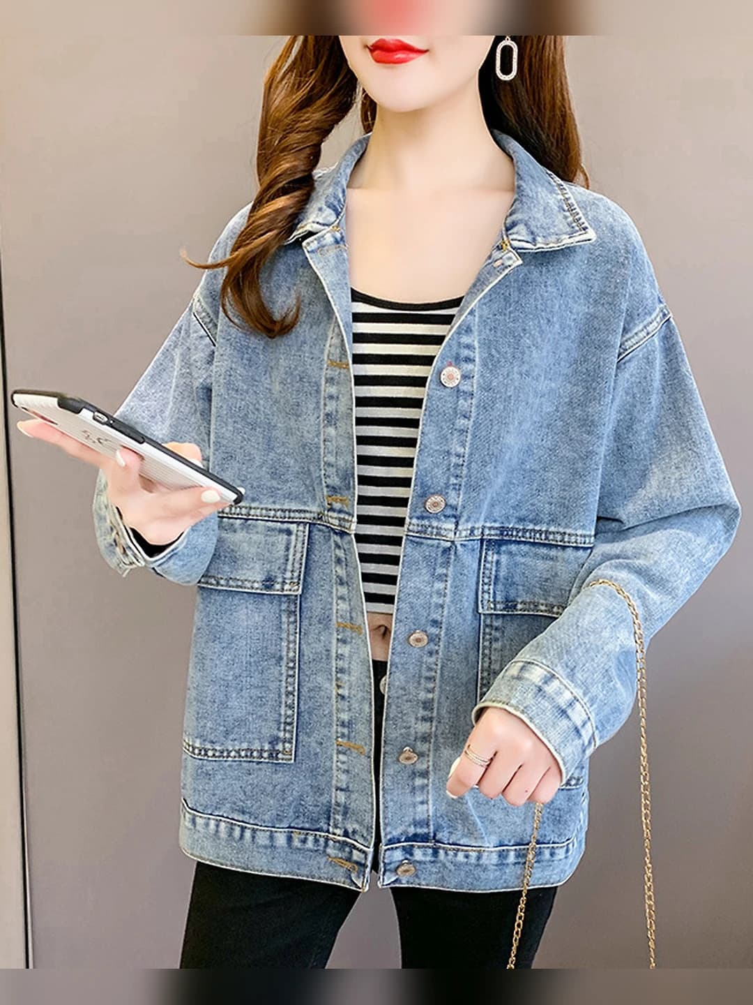 Women's thin denim jacket, Korean style, long sleeve, lapel collar, solid colour, retro and OL style