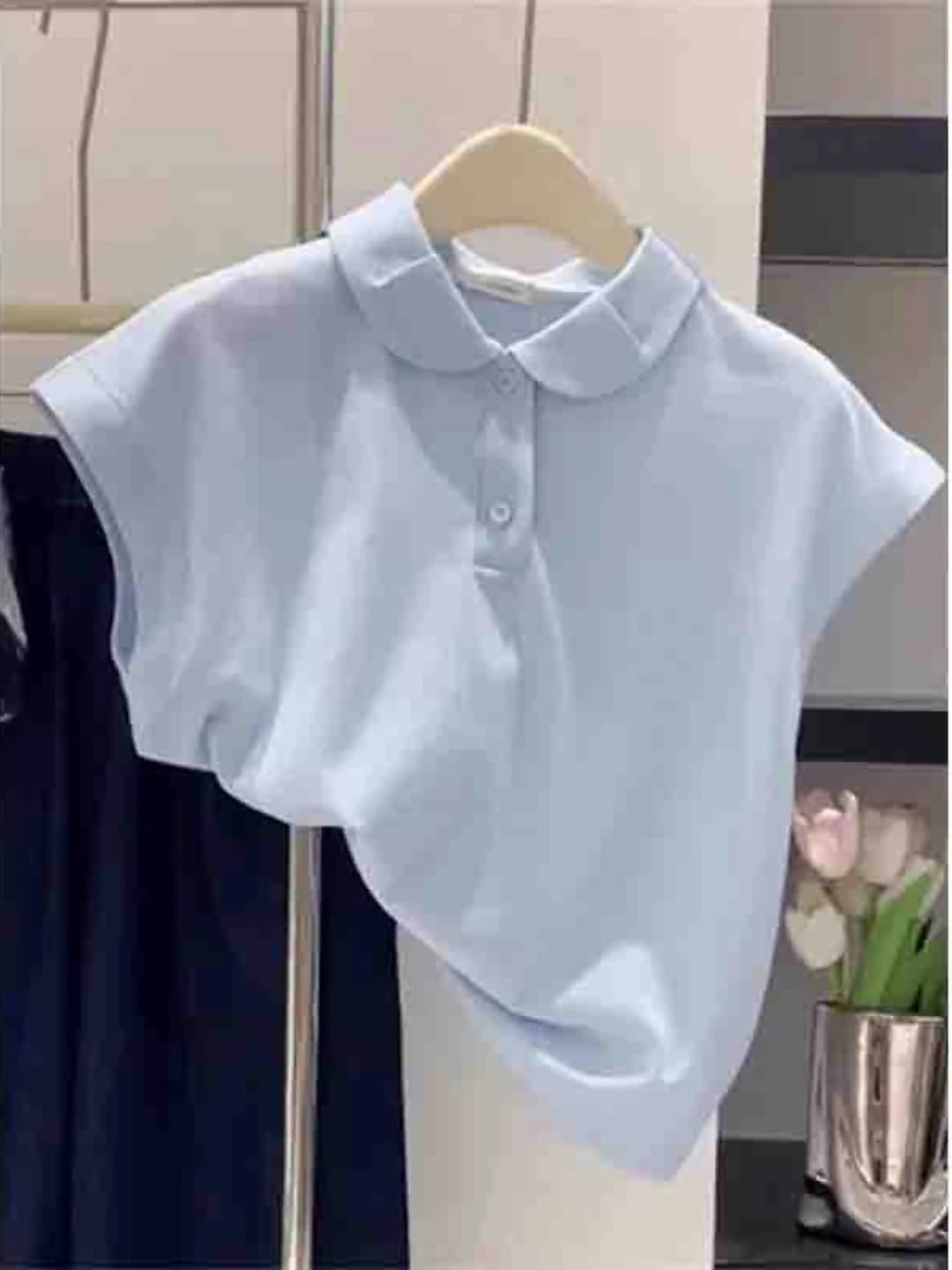 Women's blue polo shirt with Peter Pan collar, short sleeve, loose fit, 95% cotton, summer
