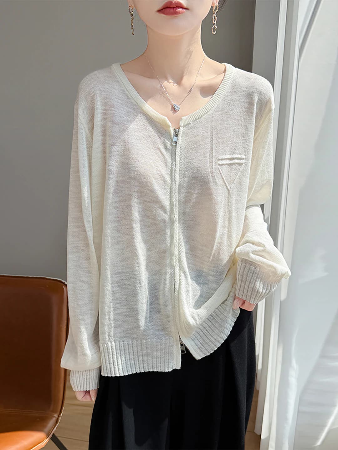 Women's spring-autumn knit cardigan, zip, crew neck, long sleeve, loose fit, cropped, for petite