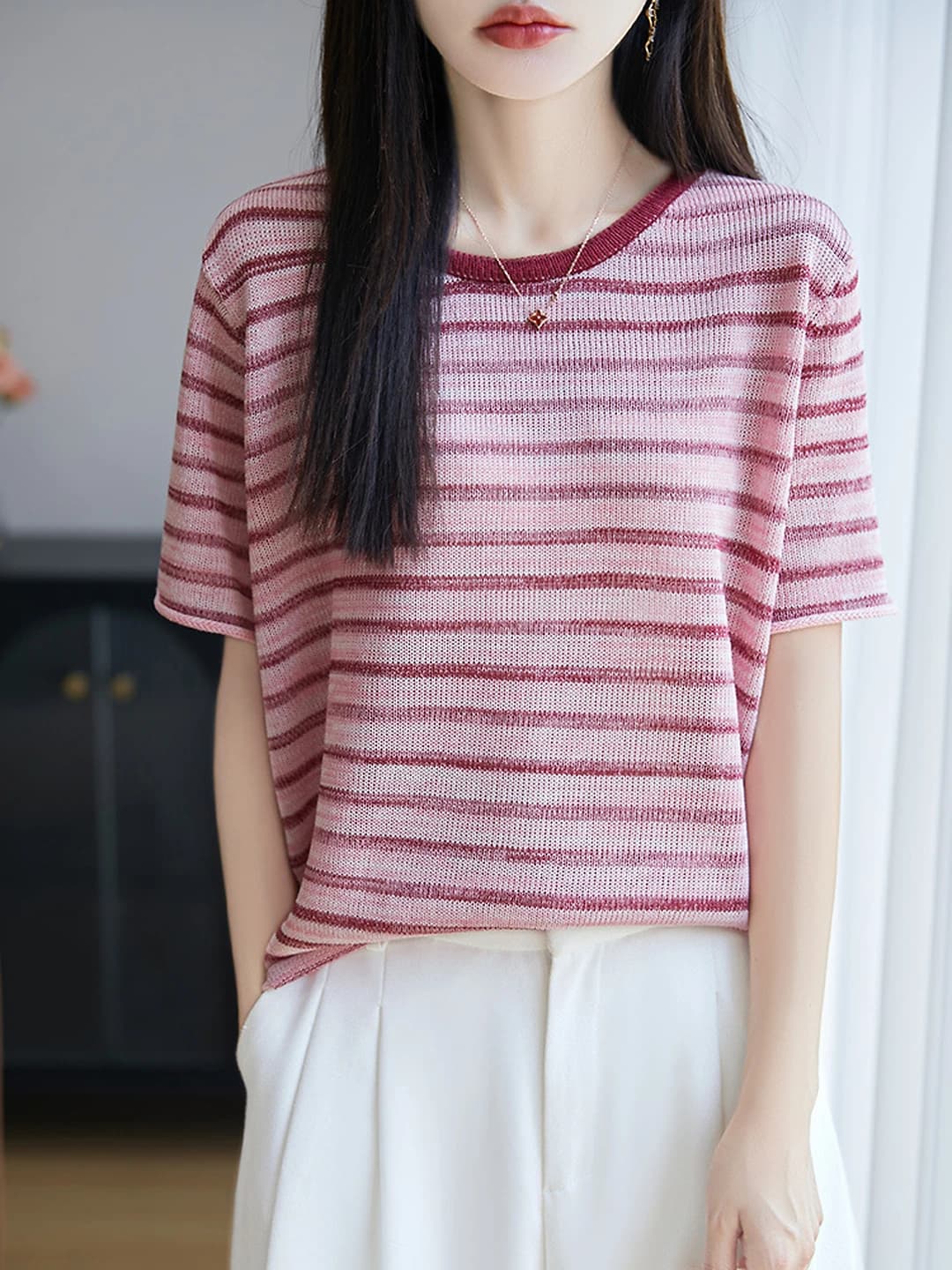 2026 summer women's striped short-sleeve thin t-shirt, crew neck, loose fit, slimming