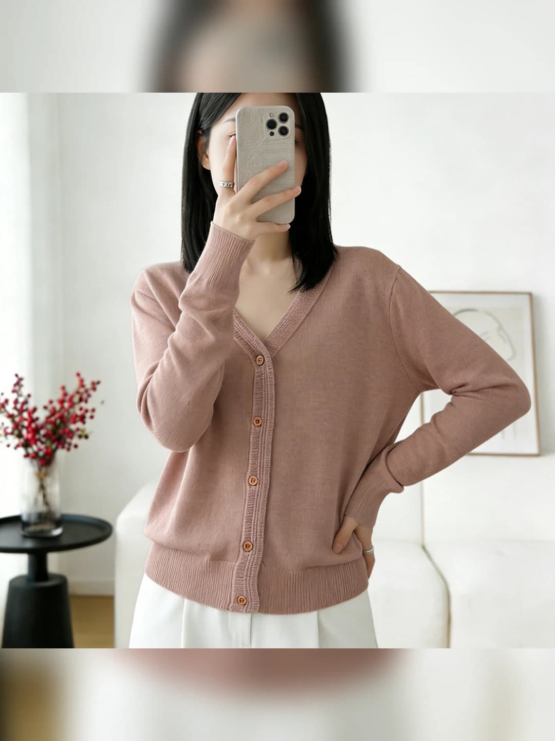 Women's spring wool cardigan, V-neck, long sleeve, loose fit, solid colour, Korean style