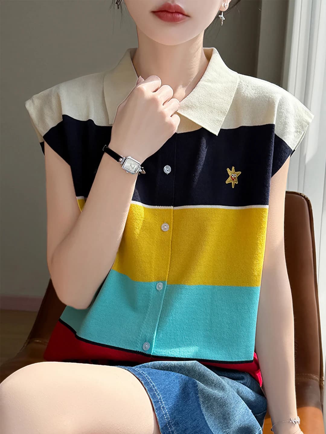 Women's striped polo t-shirt with short sleeve, ice-silk fabric, loose fit, summer